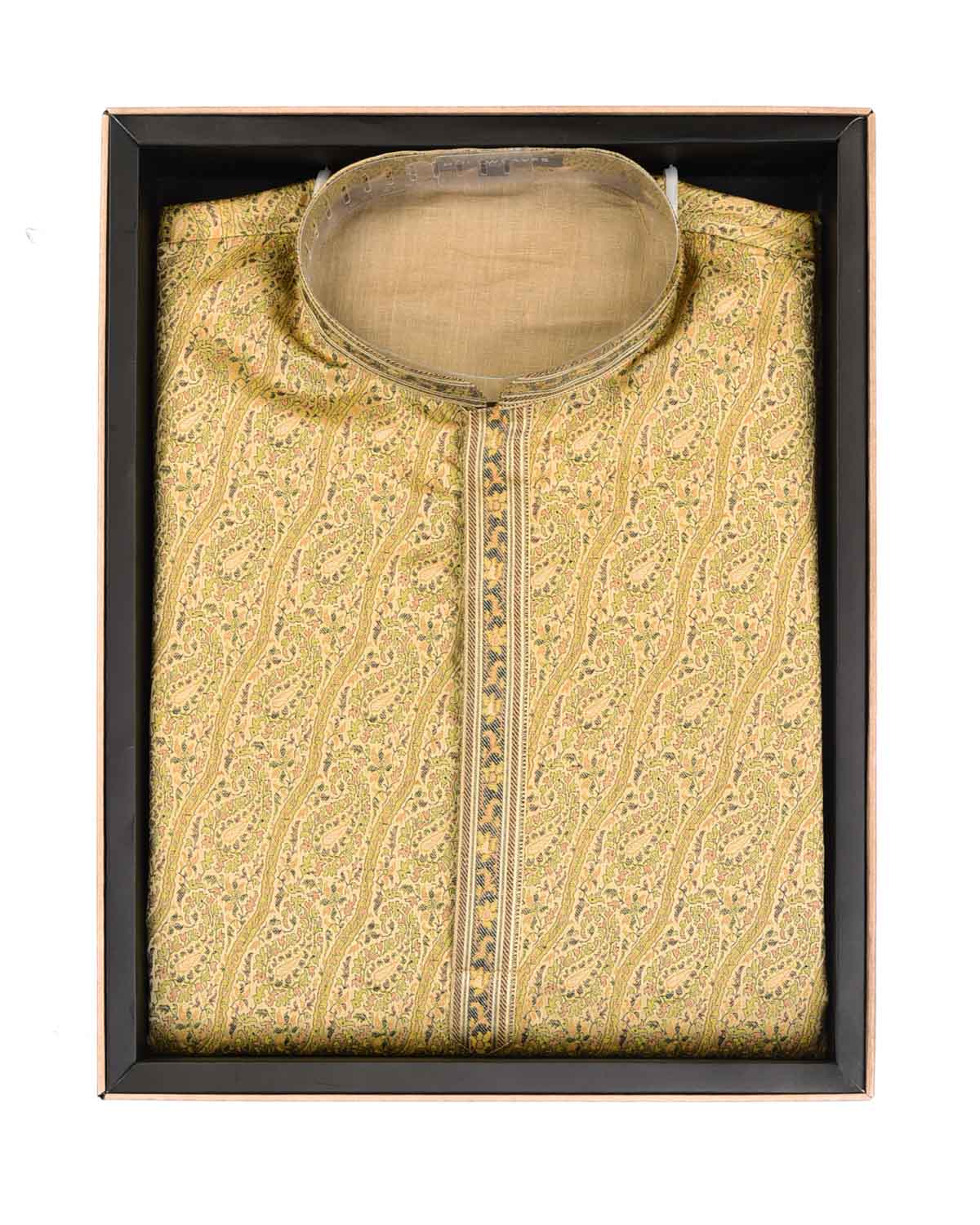 Beige Banarasi Jamawar Brocade Handwoven Katan Silk Mens Kurta Pyjama with Zari Accents-HolyWeaves