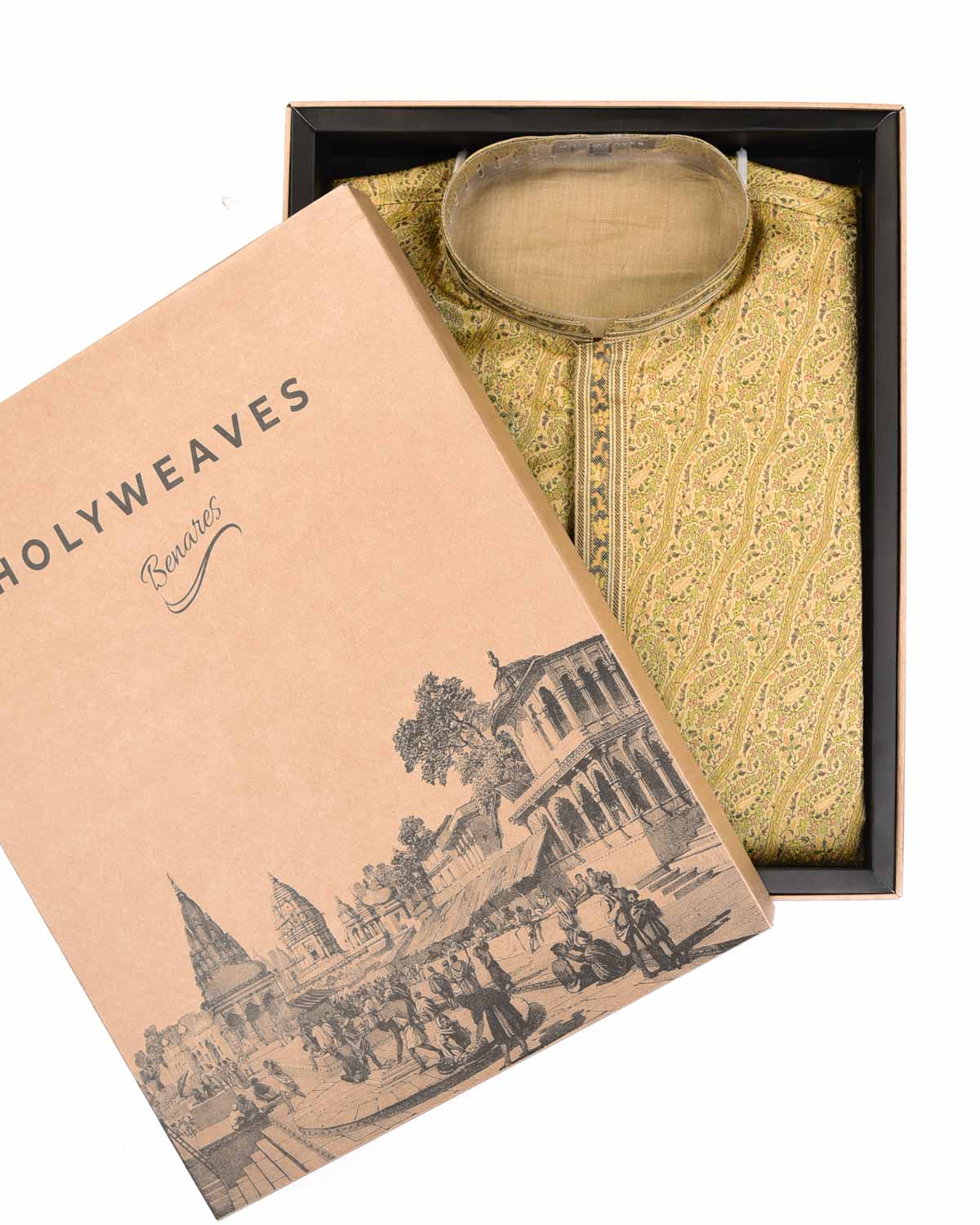 Beige Banarasi Jamawar Brocade Handwoven Katan Silk Mens Kurta Pyjama with Zari Accents-HolyWeaves