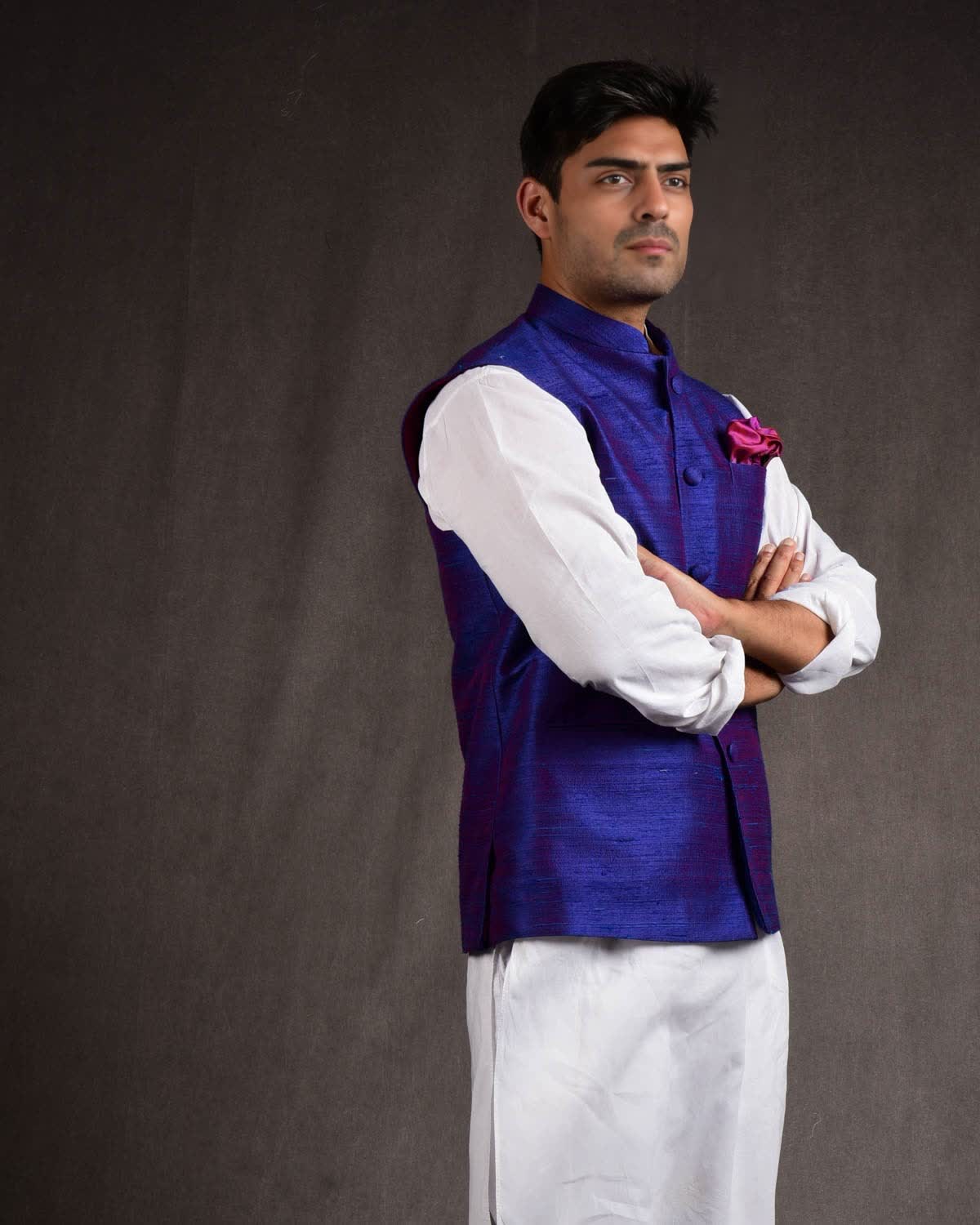 Shot Royal Blue Textured Raw Silk Mens Modi Jacket-HolyWeaves