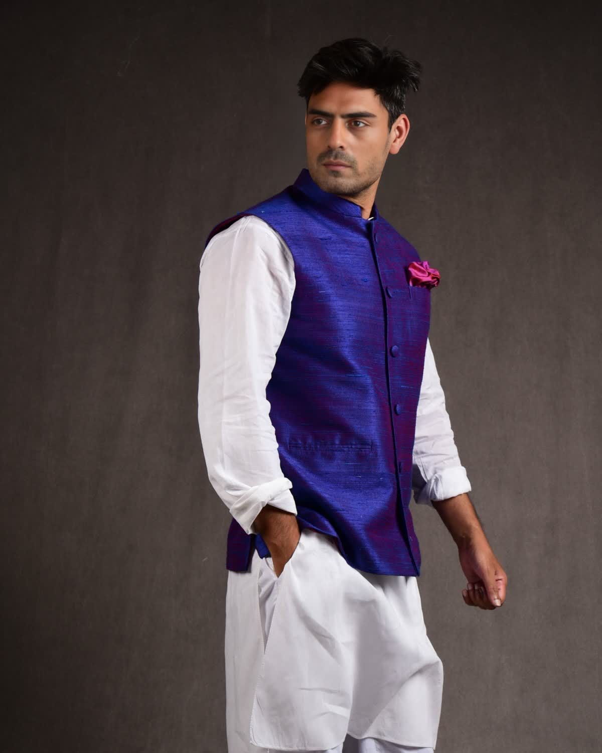 Shot Royal Blue Textured Raw Silk Mens Modi Jacket-HolyWeaves