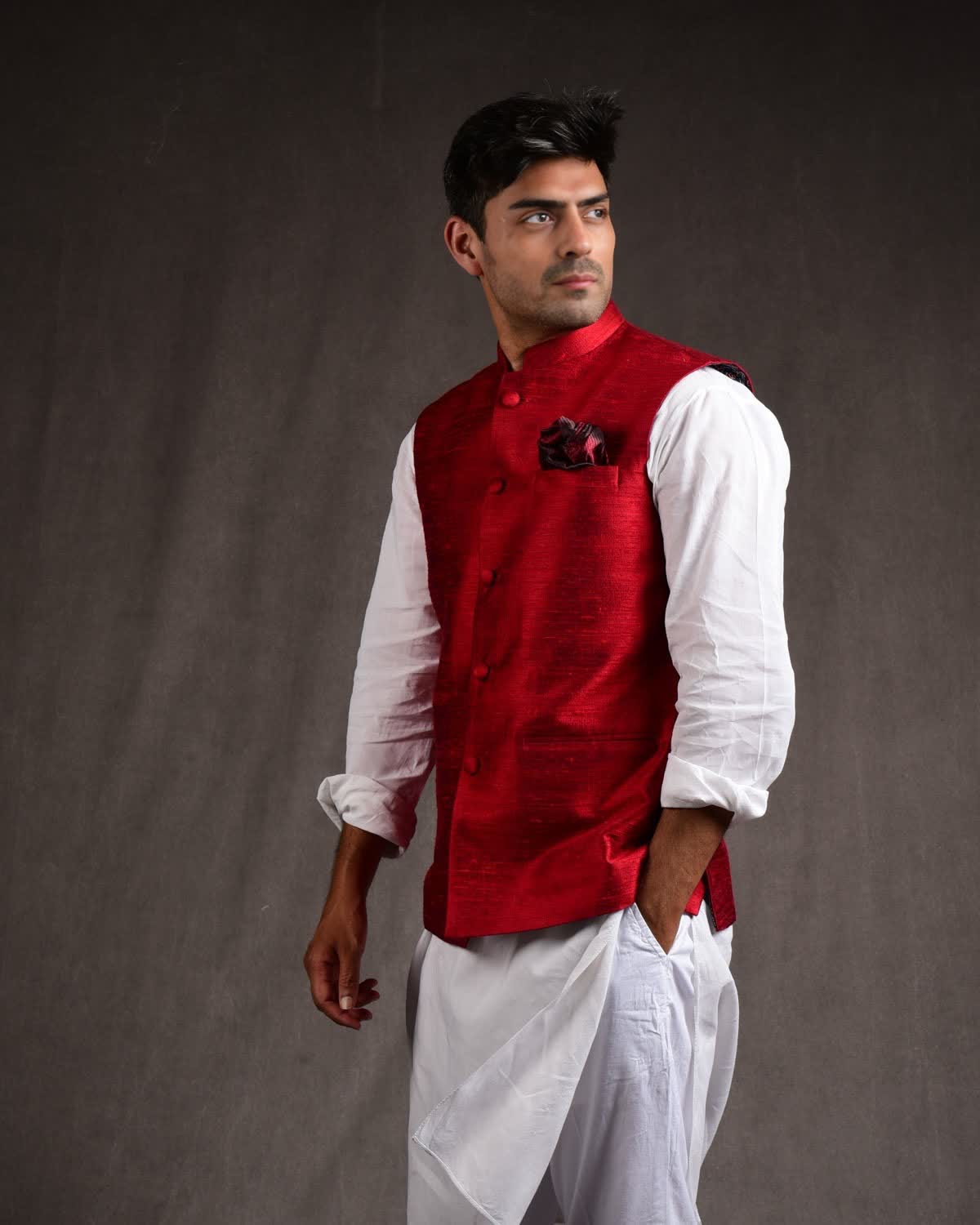 Crimson Red Textured Raw Silk Mens Modi Jacket-HolyWeaves