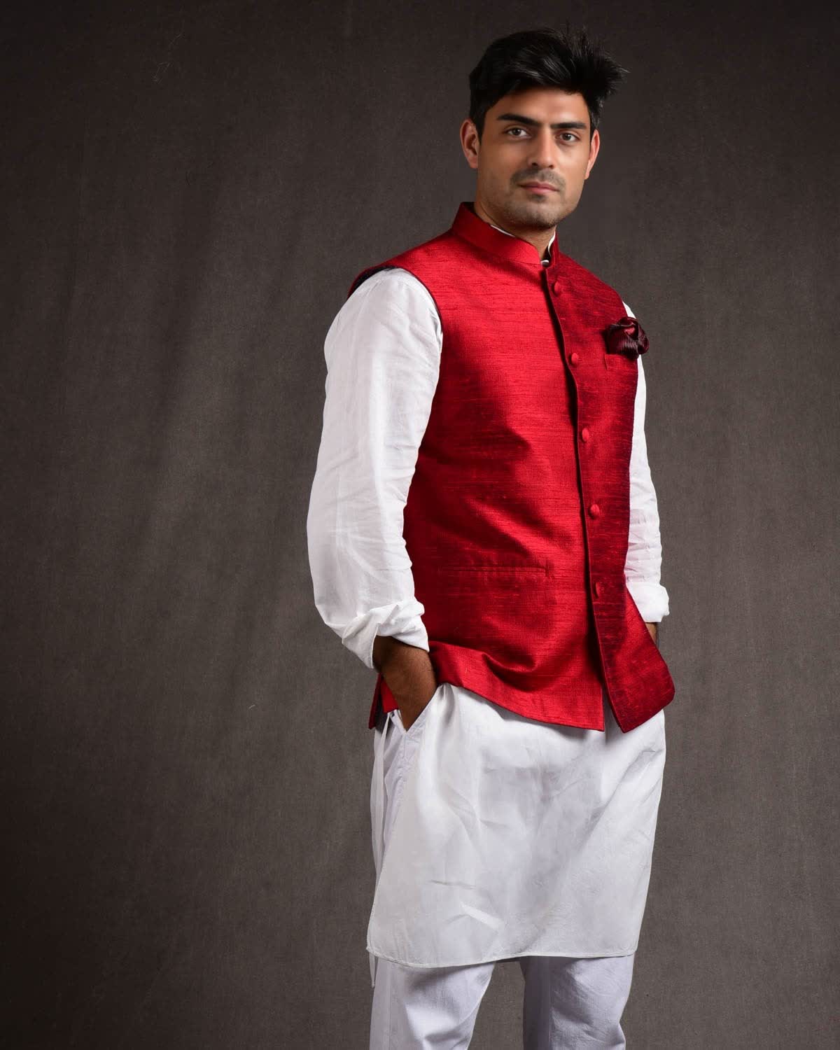 Crimson Red Textured Raw Silk Mens Modi Jacket-HolyWeaves