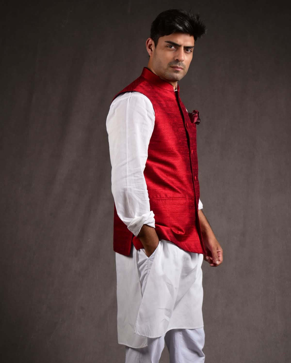 Crimson Red Textured Raw Silk Mens Modi Jacket-HolyWeaves