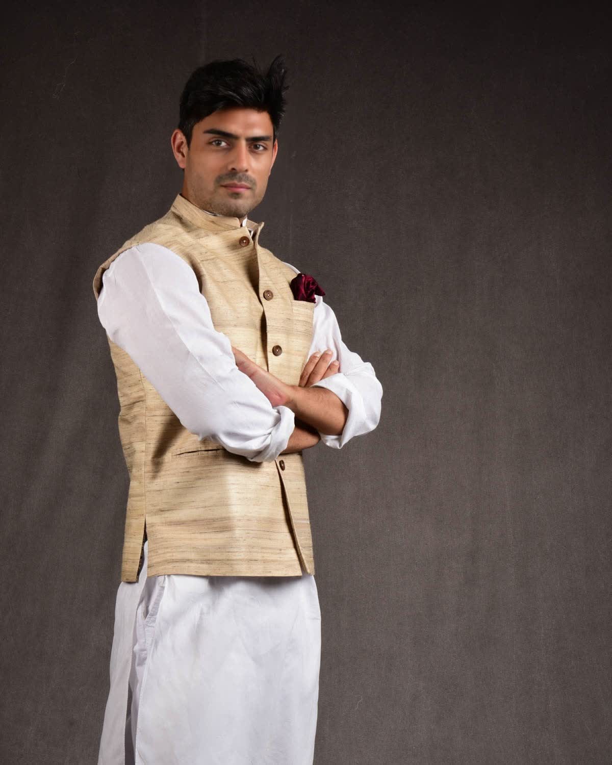 Beige Banarasi Textured Khichha Handwoven Tasar Silk Mens Modi Jacket-HolyWeaves