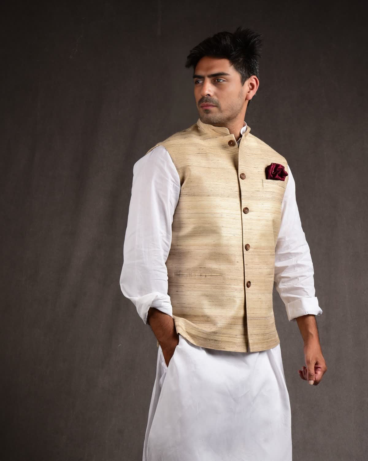 Beige Banarasi Textured Khichha Handwoven Tasar Silk Mens Modi Jacket-HolyWeaves