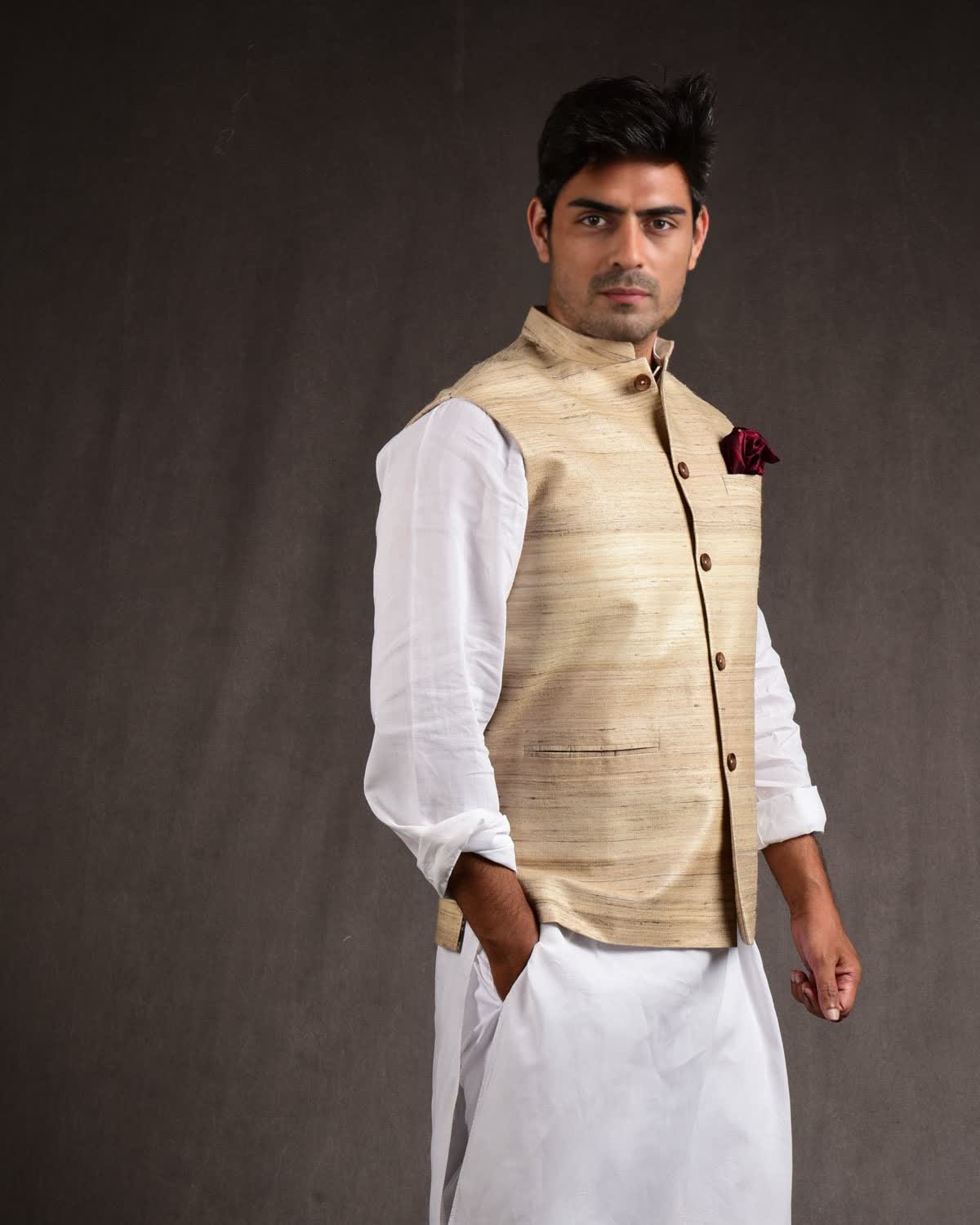 Beige Banarasi Textured Khichha Handwoven Tasar Silk Mens Modi Jacket-HolyWeaves