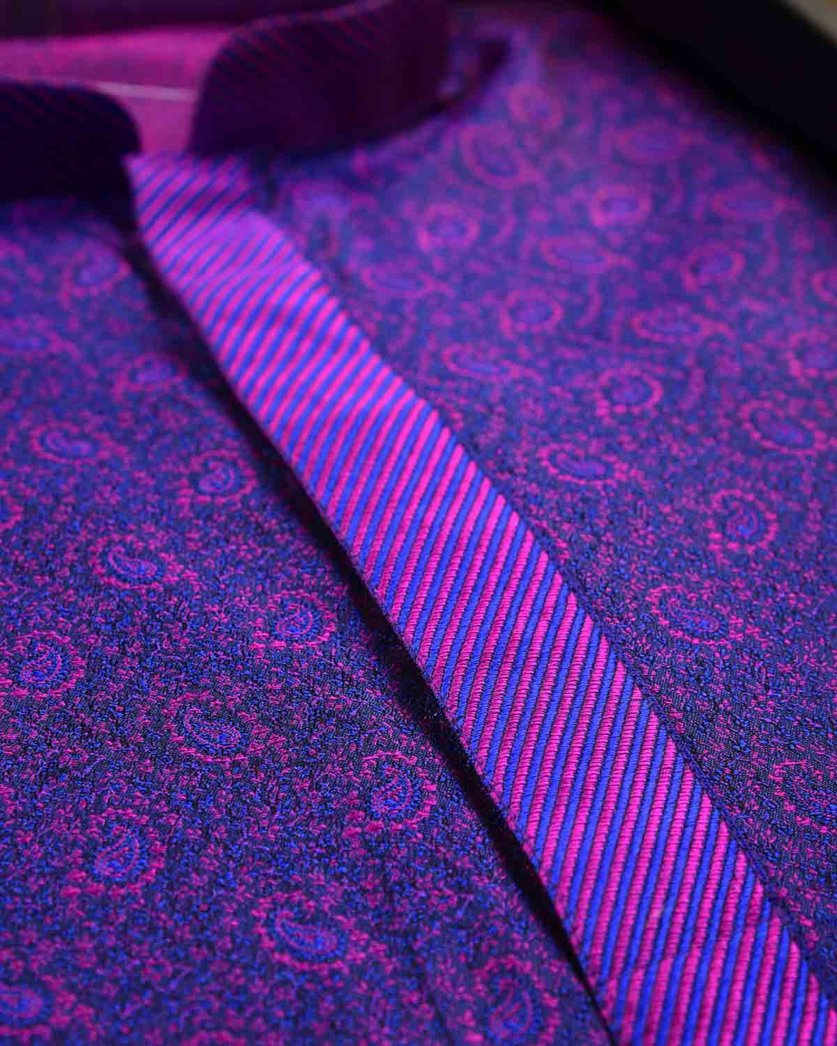 Pink-Blue Banarasi Paisley Alfi Resham Tanchoi Brocade Handwoven Katan Silk Mens Kurta Pyjama-HolyWeaves