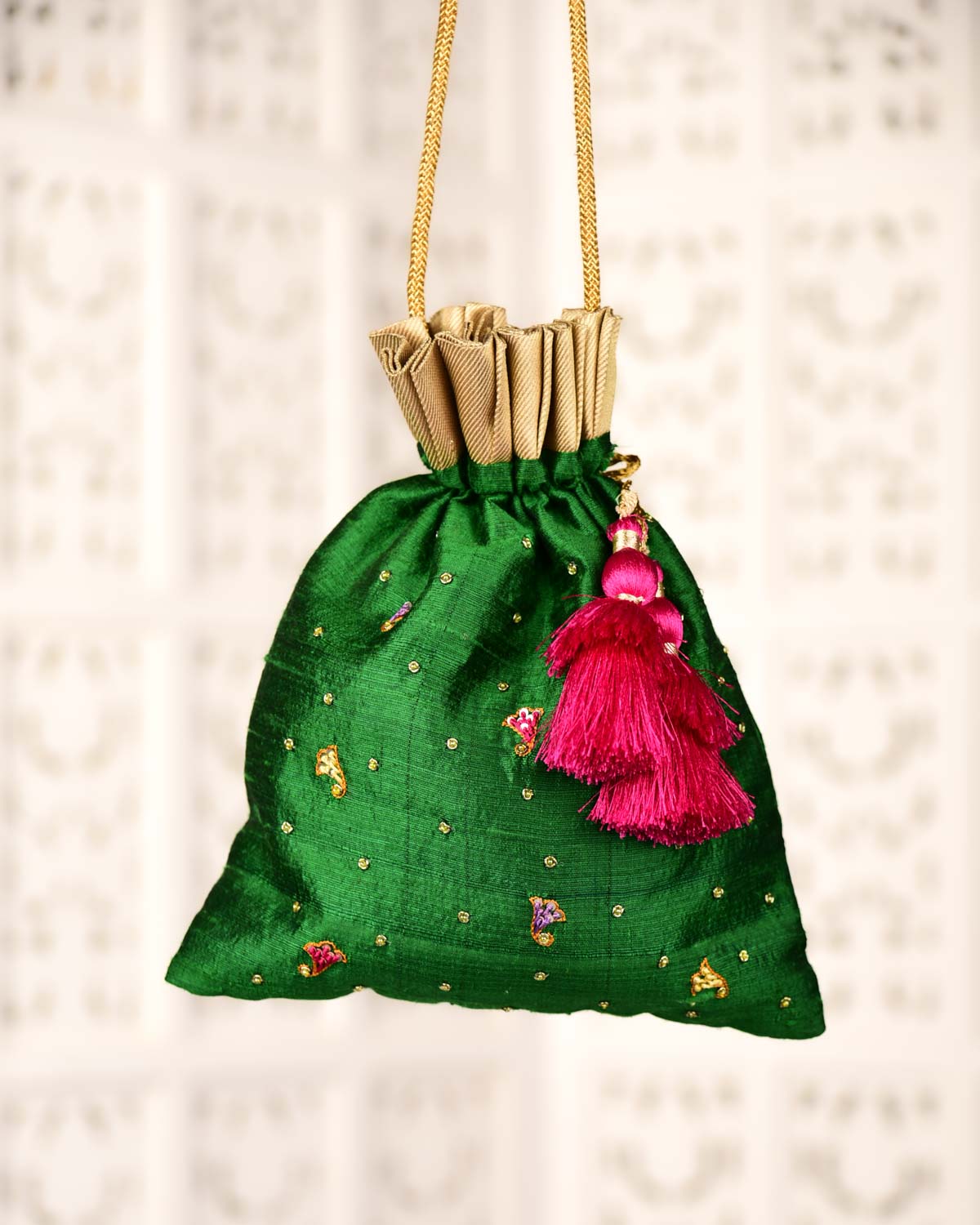 Green Banarasi Kairi Hand Embroidered Raw Silk Potli 12"x9"-HolyWeaves