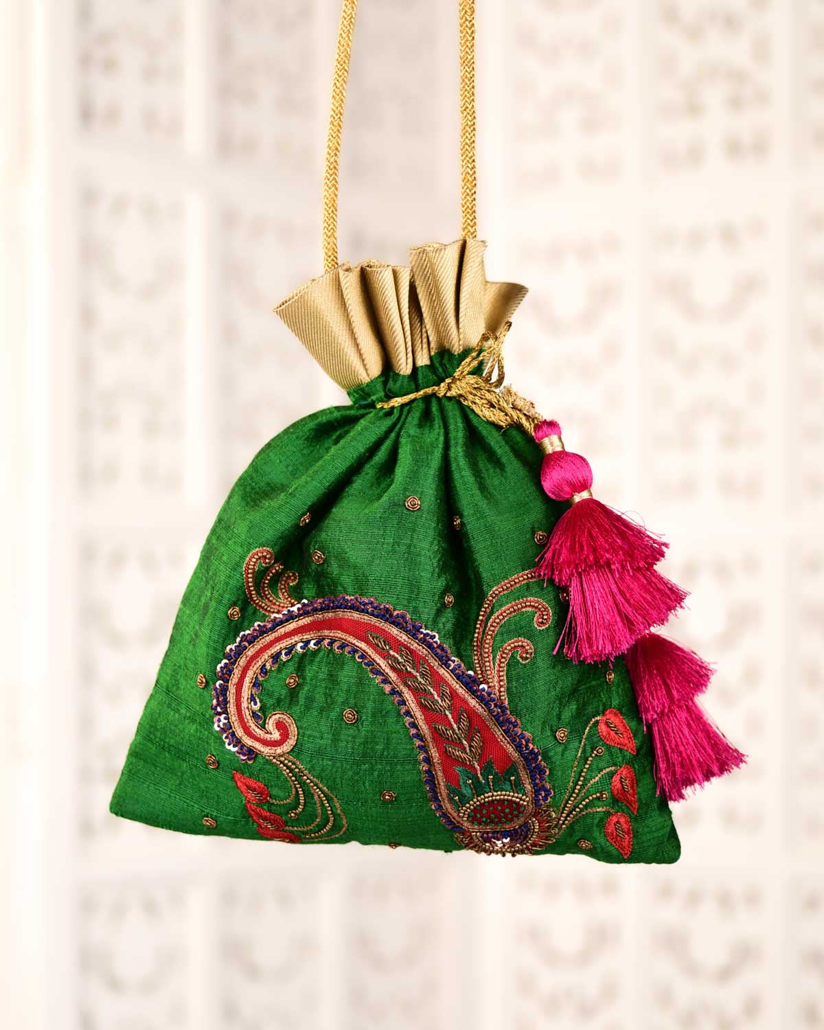 Green Banarasi Kairi Hand Embroidered Raw Silk Potli 12"x9"-HolyWeaves