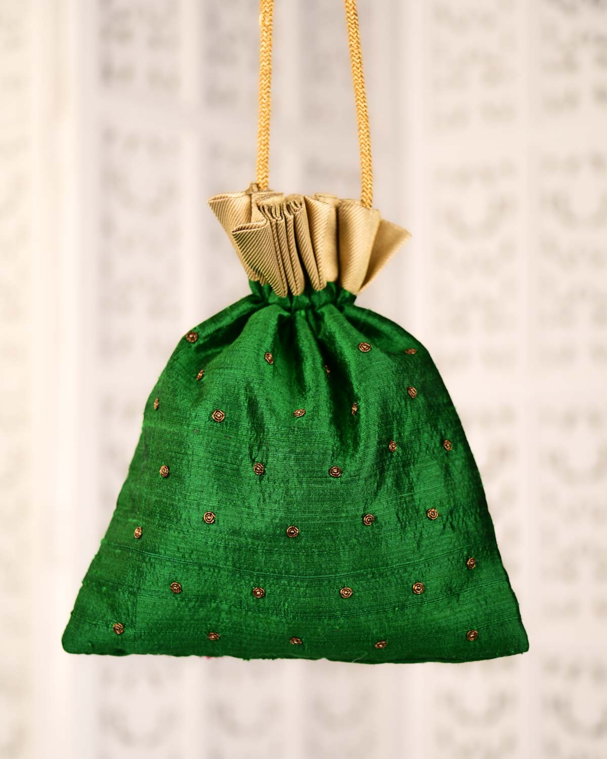 Green Banarasi Kairi Hand Embroidered Raw Silk Potli 12"x9"-HolyWeaves