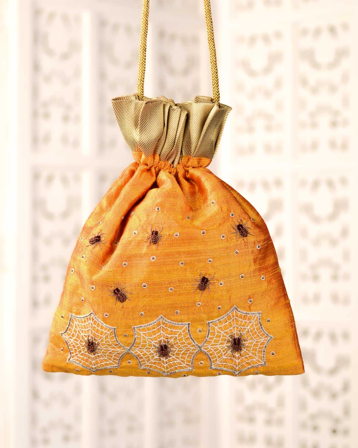 Yellow Banarasi Spider Hand Embroidered Raw Silk Potli 12"x9"-HolyWeaves