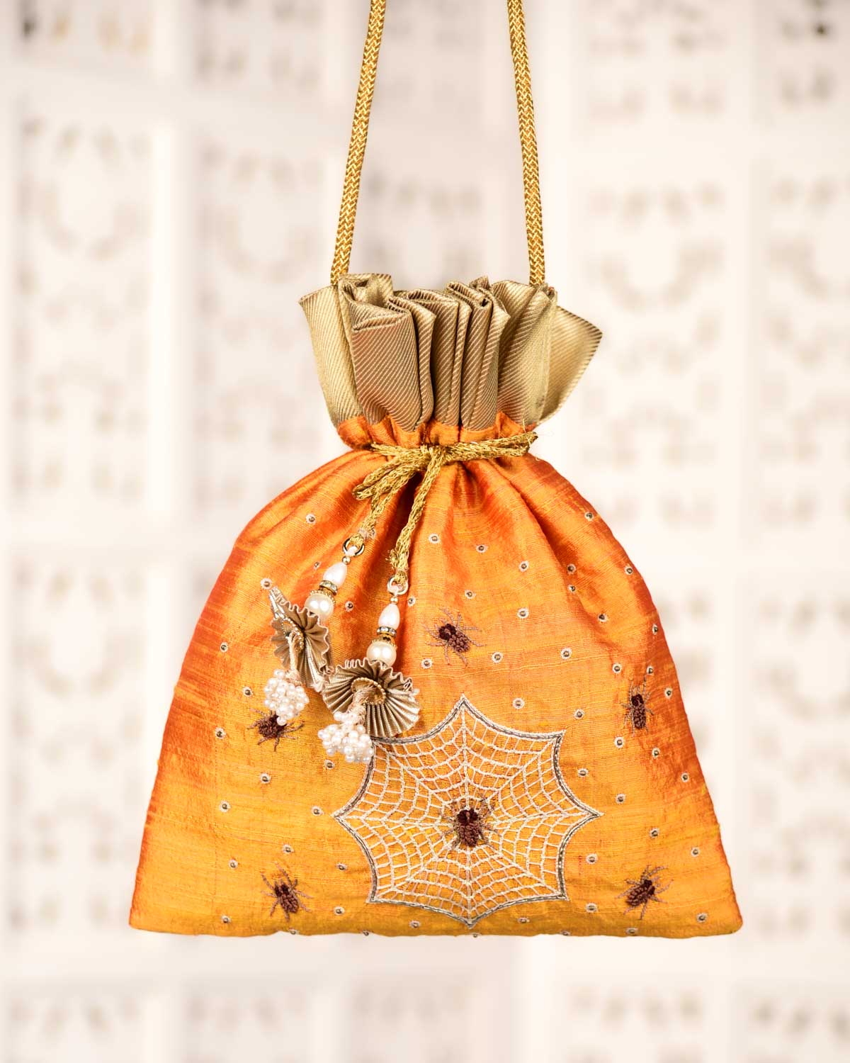 Yellow Banarasi Spider Hand Embroidered Raw Silk Potli 12"x9"-HolyWeaves