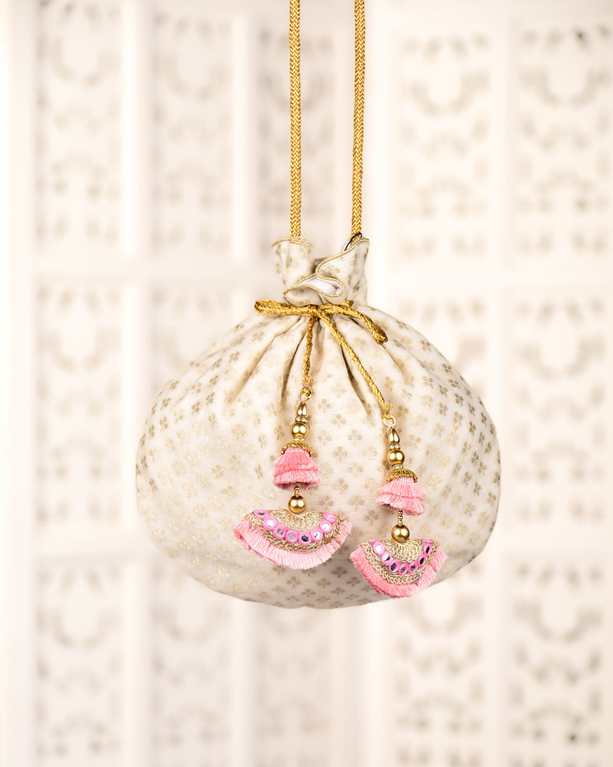 Cream Banarasi Silver Zari Buti Brocade Handwoven Cotton Potli 10"x11"-HolyWeaves