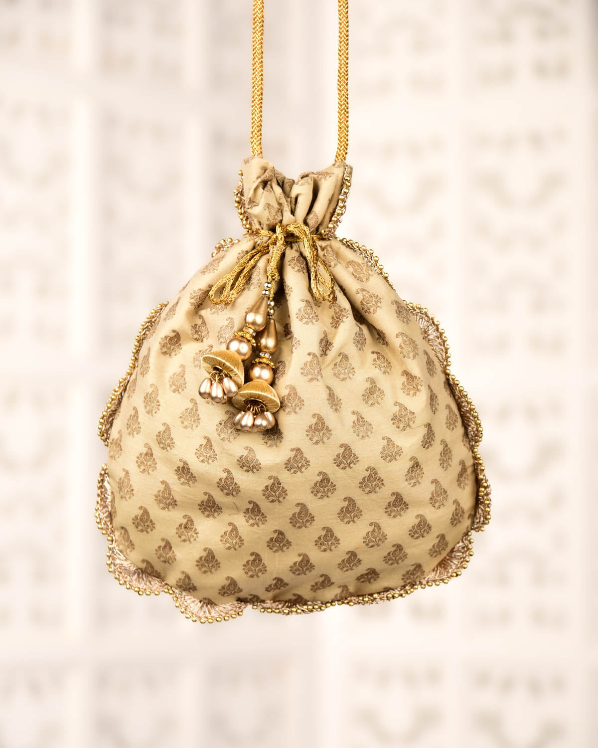 Beige Banarasi Antique Resham Buta Jaal Tanchoi Handwoven Cotton Potli with Side Golden Lace 11"x10"-HolyWeaves