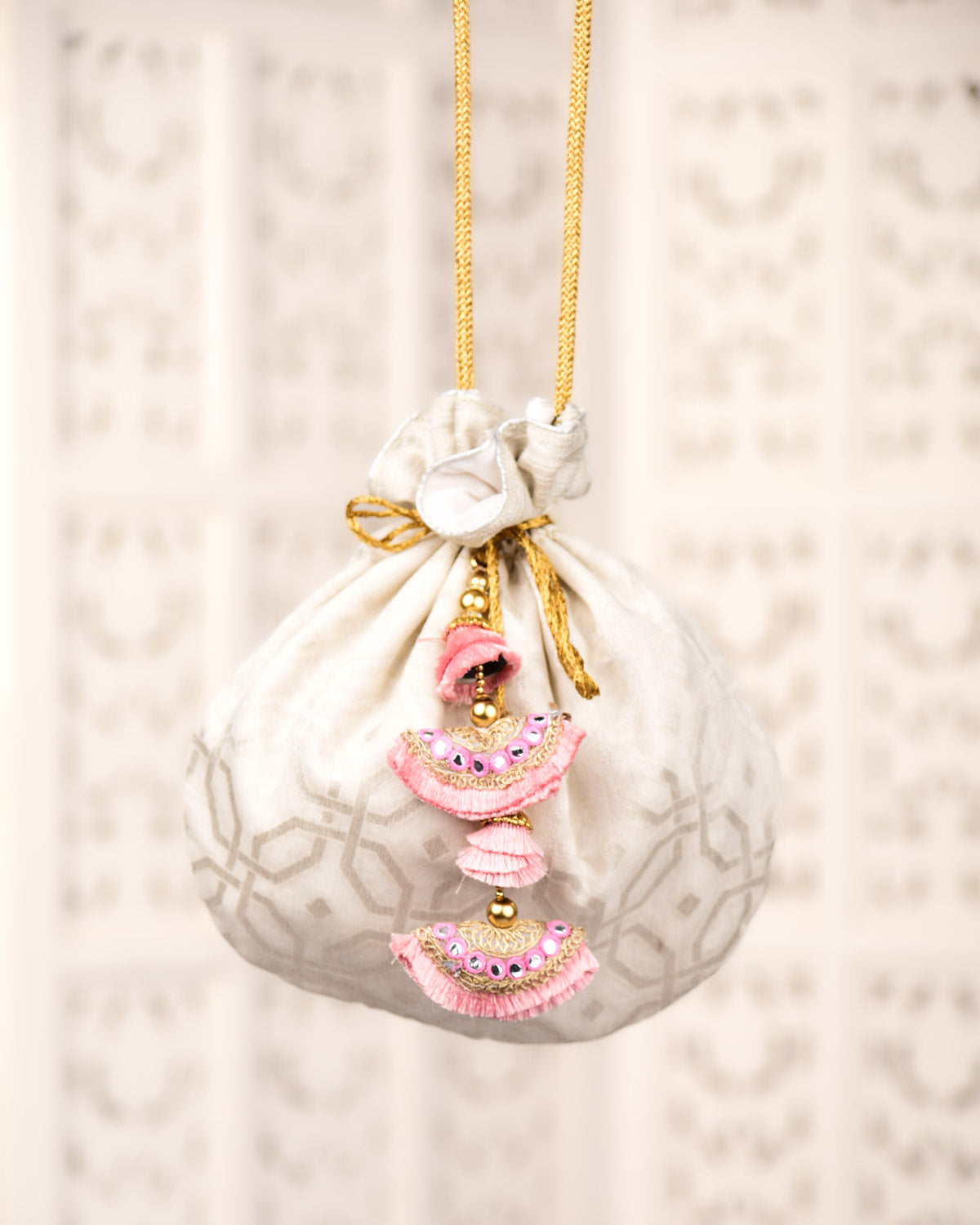 White Banarasi Silver Zari Geometrical Brocade Handwoven Cotton Potli 10"x11"-HolyWeaves