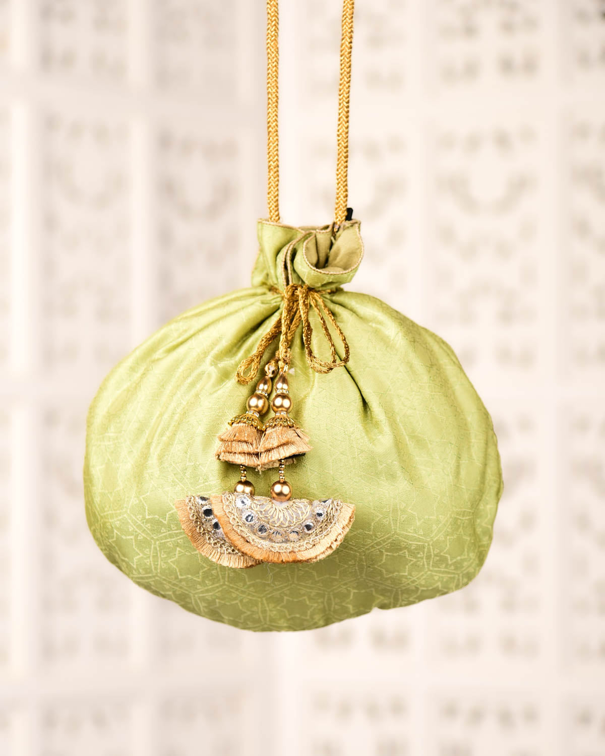 Neon Green Banarasi Resham Geometrical Tanchoi Handwoven Silk Potli 10"x10"-HolyWeaves