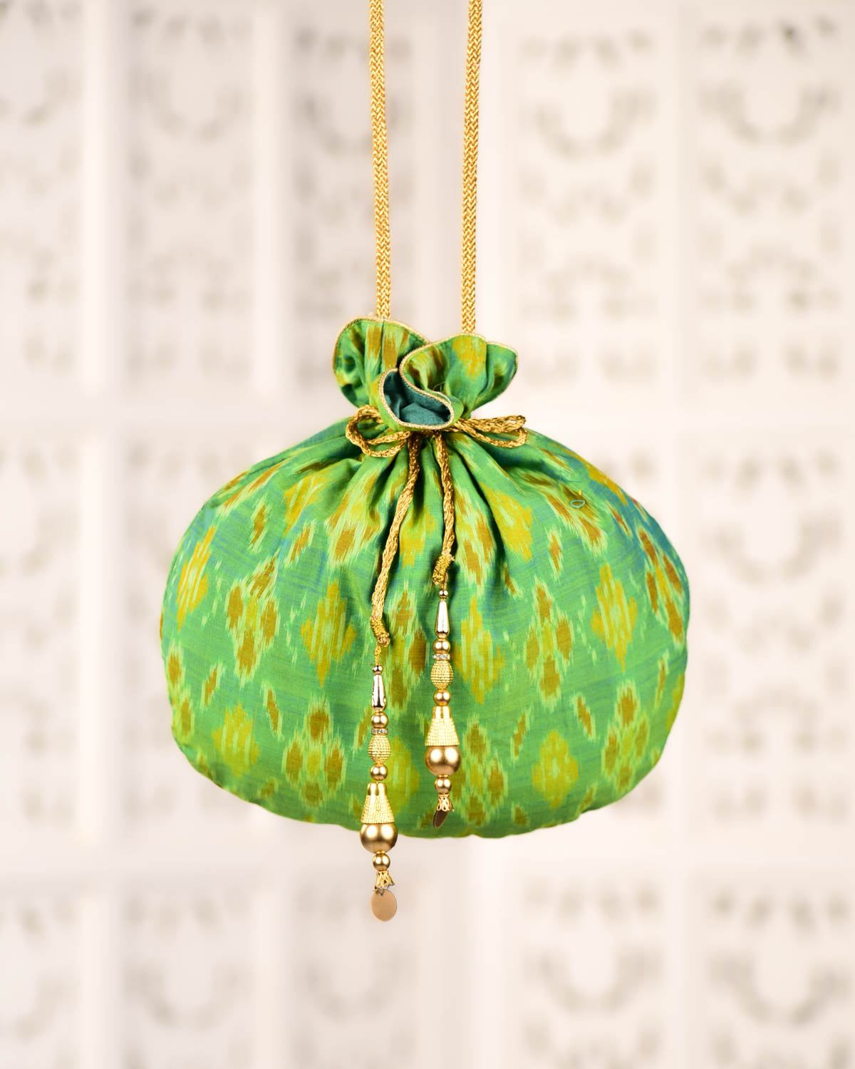 Green Banarasi Ikat Handwoven Cotton Potli 10"x10"-HolyWeaves