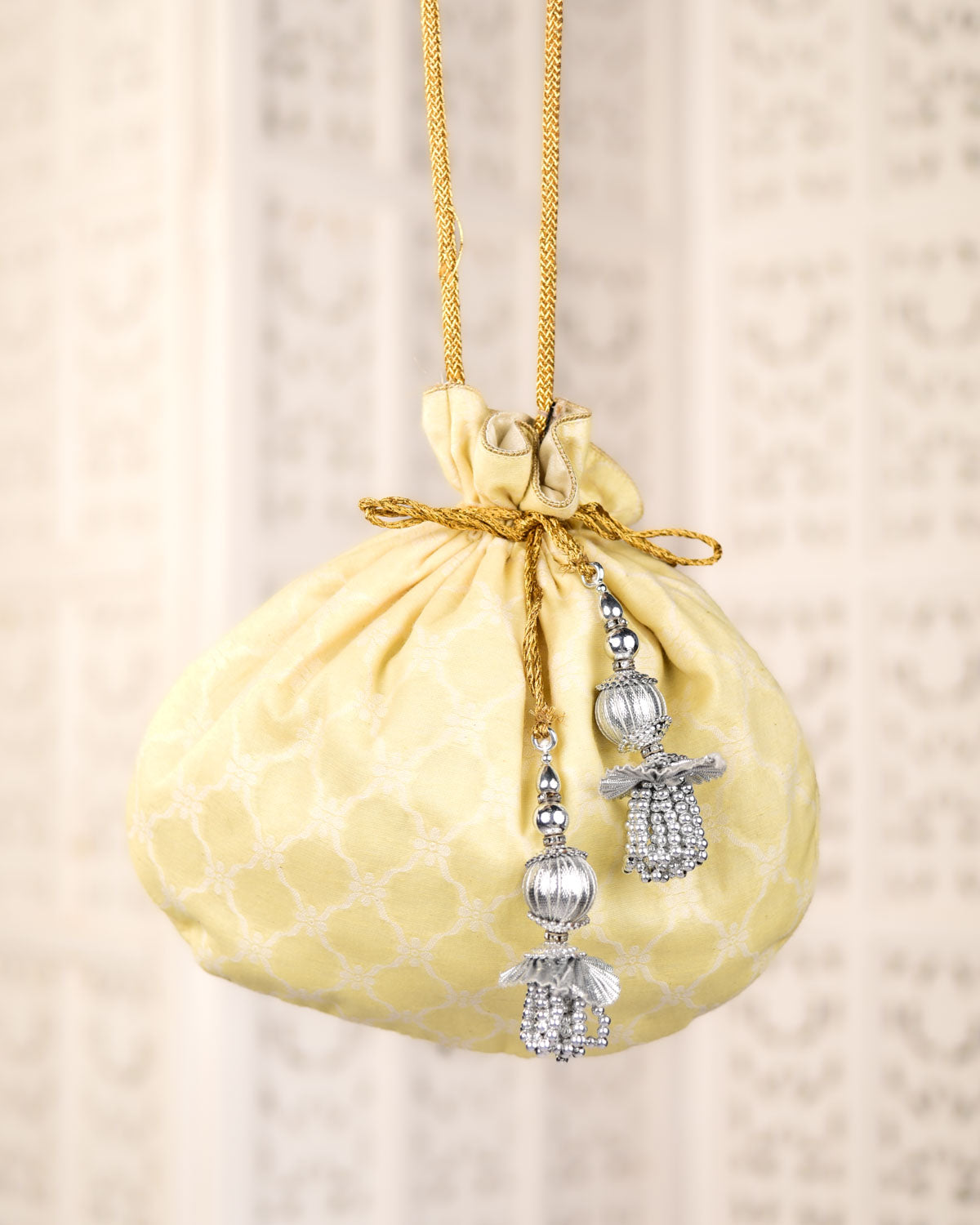 Tea Green Banarasi Jangla Tanchoi Handwoven Cotton Potli 10"x10"-HolyWeaves