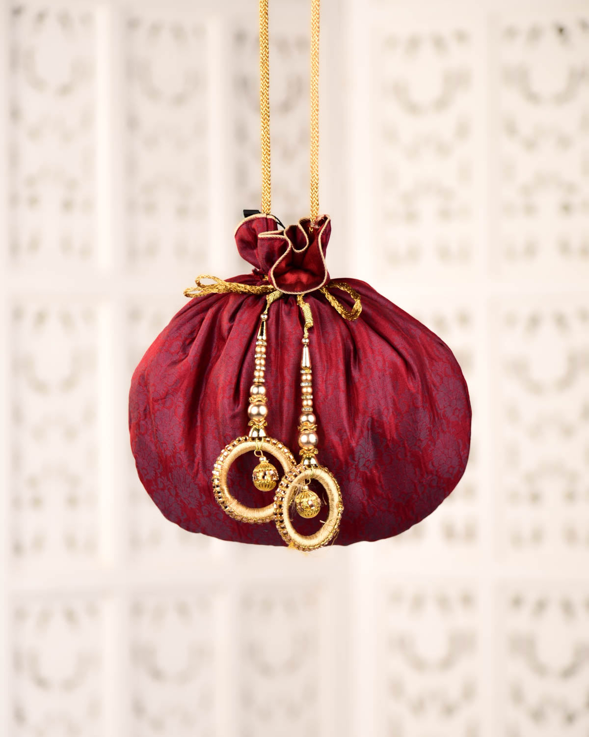 Midnight Maroon Banarasi Damask Tanchoi Handwoven Silk Potli 10"x10"-HolyWeaves