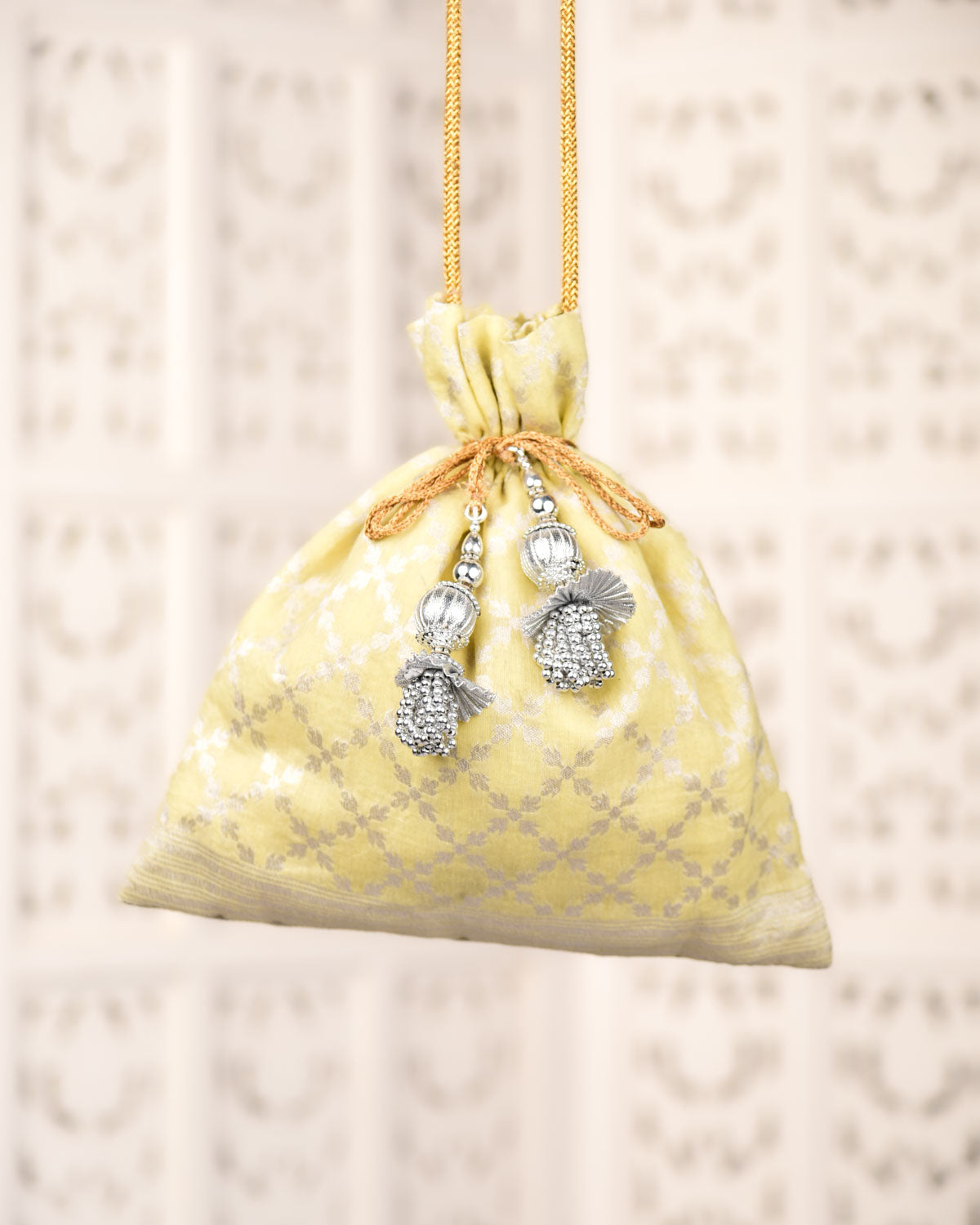 Tea Green Banarasi Silver Zari Jangla Brocade Handwoven Cotton Potli 11"x10"-HolyWeaves