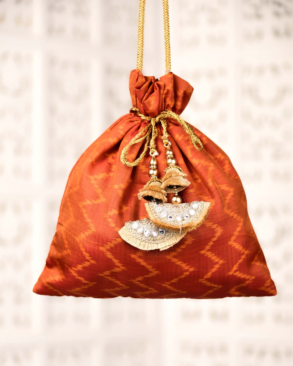 Chilli Red Banarasi Zig-Zag Stipes Ikat Handwoven Silk Potli 11"x10"-HolyWeaves