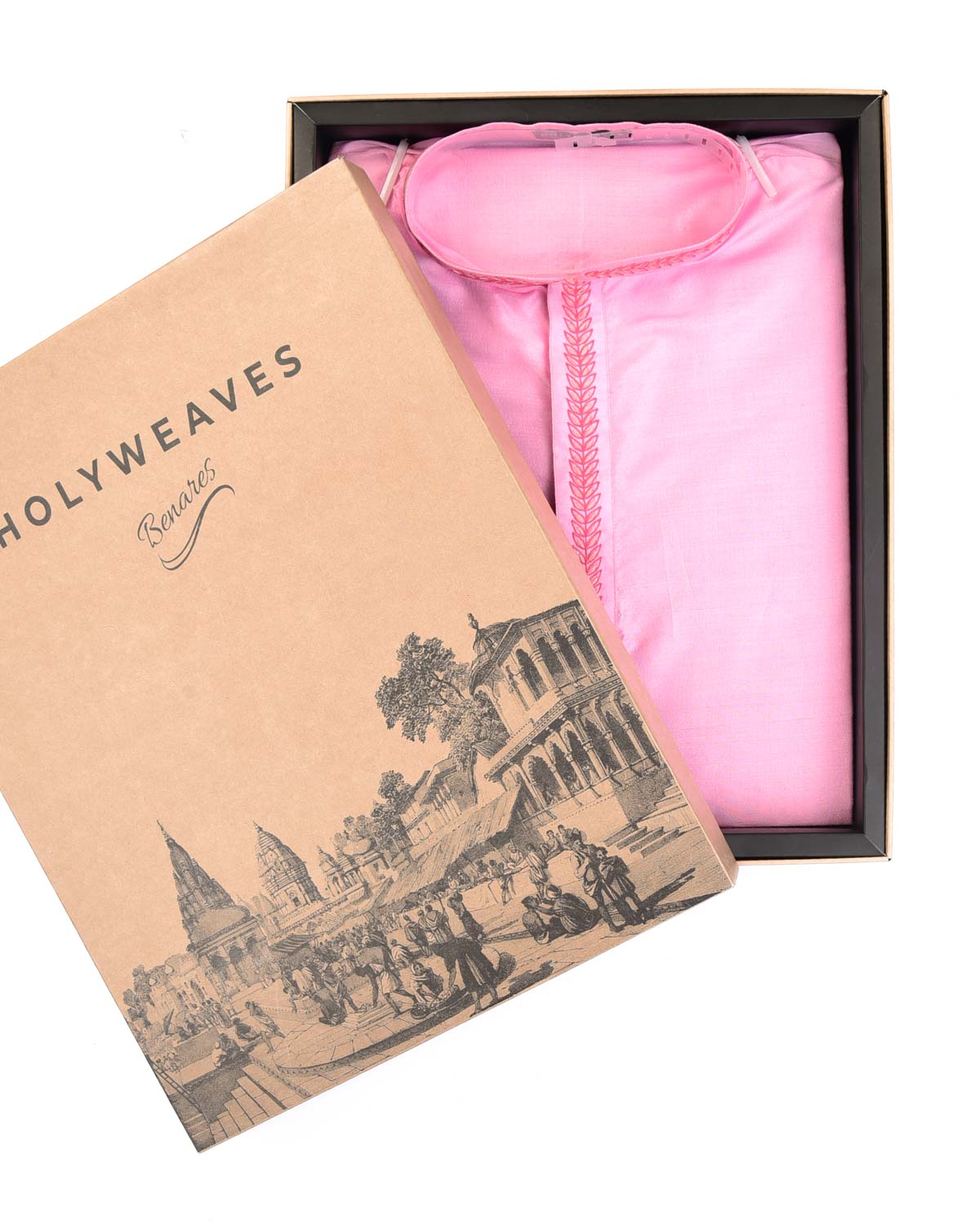 Pink Silk Mens Kurta Pyjama with Hand-embroidered Collar Strip-HolyWeaves