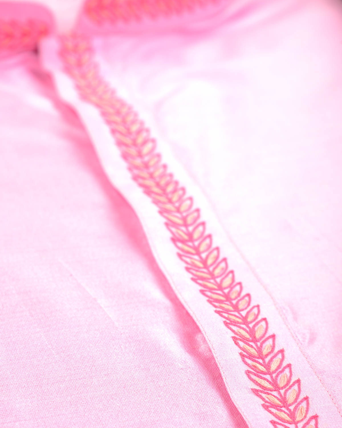 Pink Silk Mens Kurta Pyjama with Hand-embroidered Collar Strip-HolyWeaves