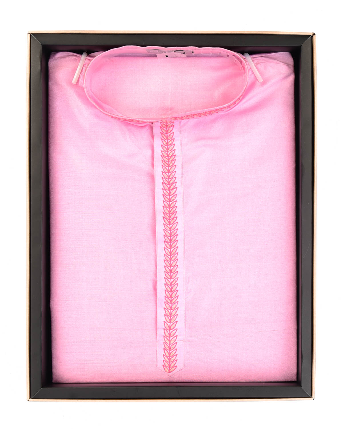 Pink Silk Mens Kurta Pyjama with Hand-embroidered Collar Strip-HolyWeaves