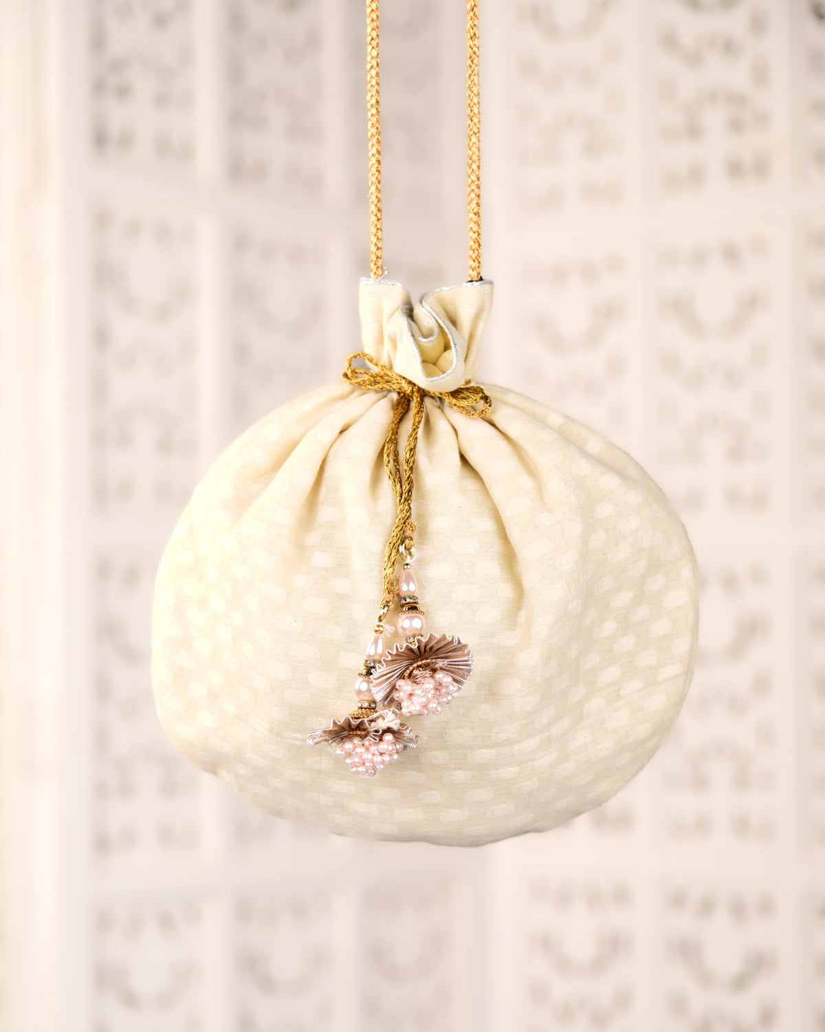 Cream Banarasi Cotton Silk Potli 11"x10"-HolyWeaves