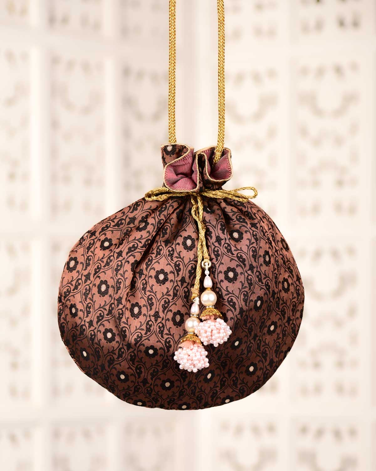 Brown Banarasi Resham Brocade Silk Potli 11"x10"-HolyWeaves