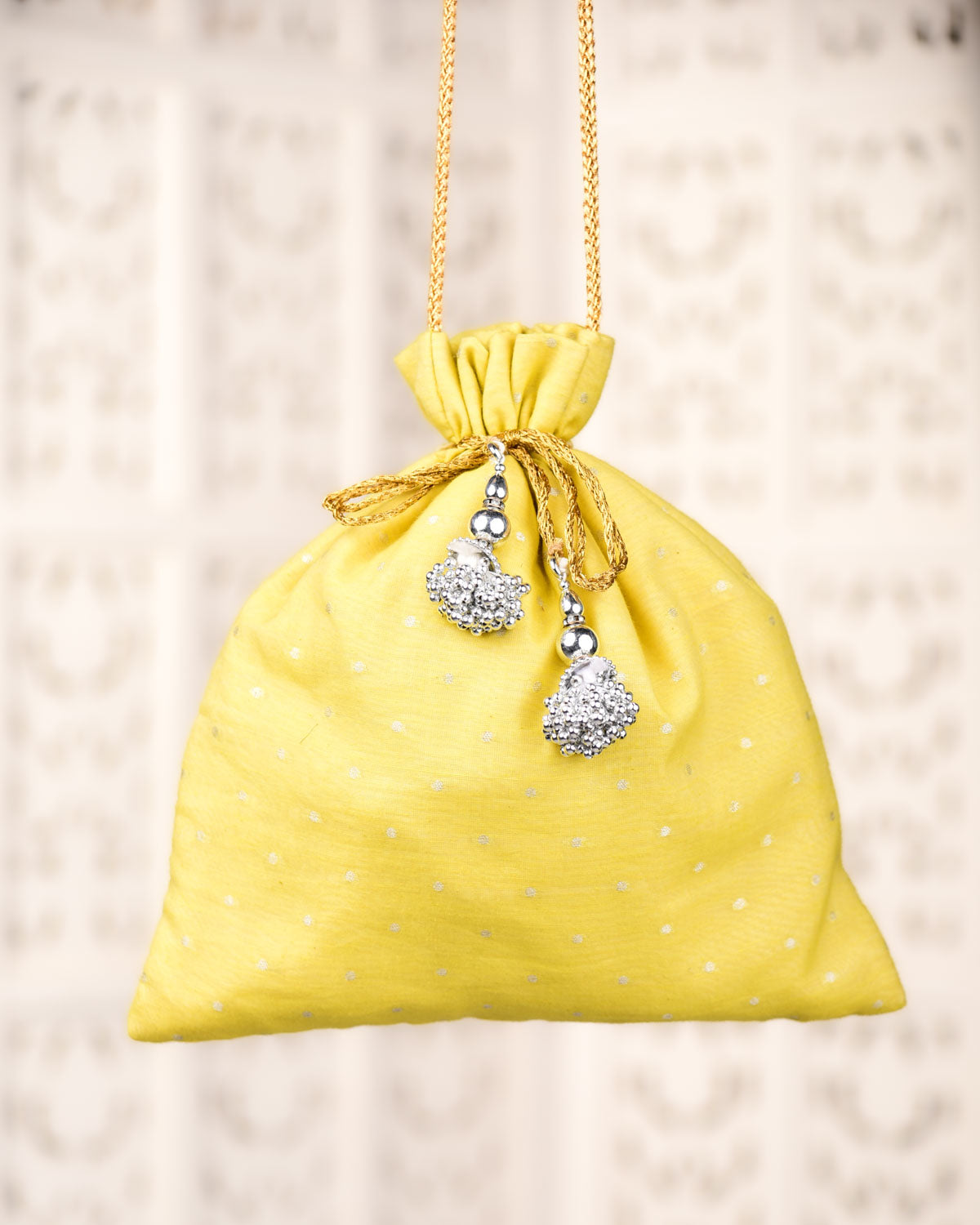 Yellow Banarasi Brocade Cotton Silk Potli 11"x10"-HolyWeaves