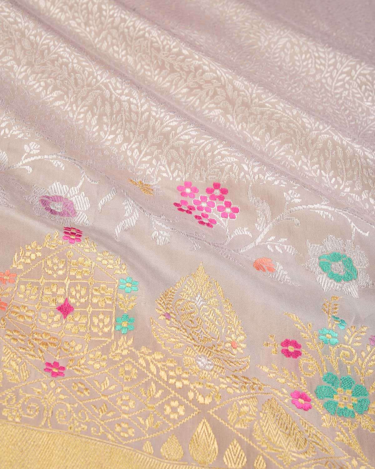 Beige Banarasi Gold & Silver Zari Ghana Jaal Cutwork Brocade Handwoven Katan Silk Saree - By HolyWeaves, Benares