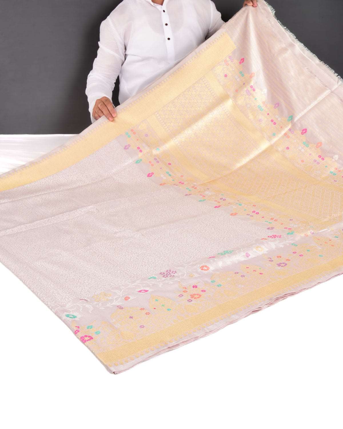 Beige Banarasi Gold & Silver Zari Ghana Jaal Cutwork Brocade Handwoven Katan Silk Saree - By HolyWeaves, Benares