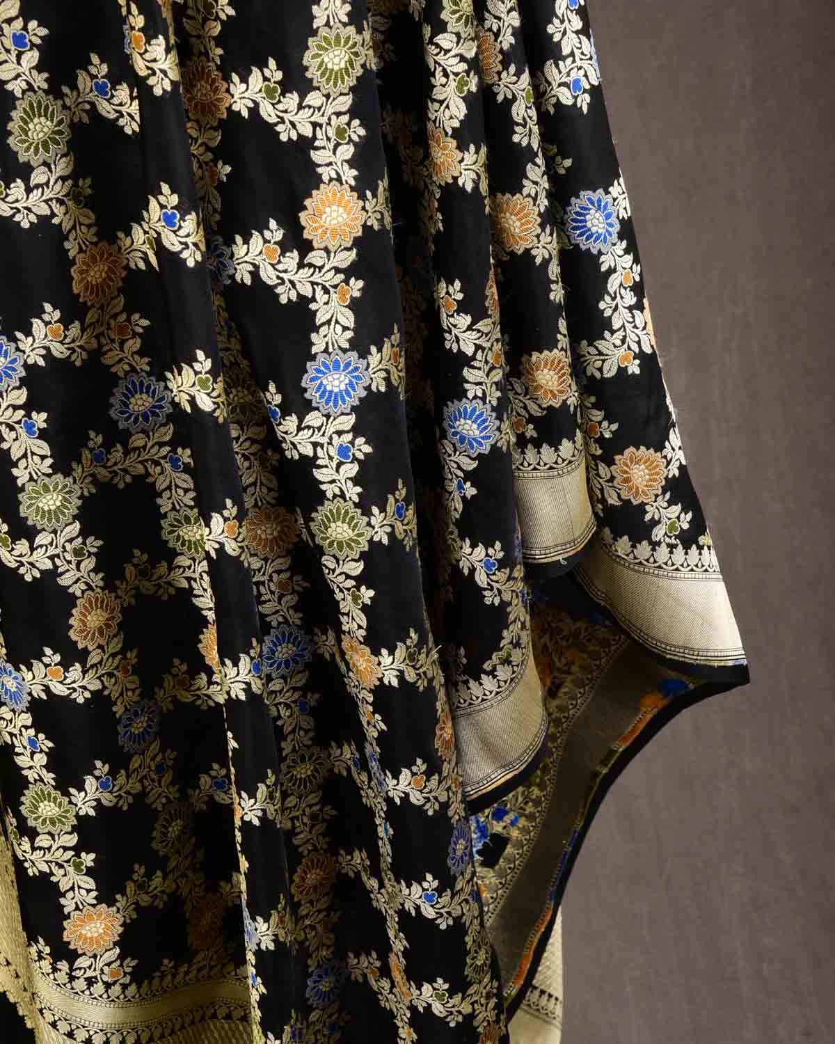 Black Banarasi Gold Zari with Resham Jaal Cutwork Brocade Handwoven Katan Silk Dupatta-HolyWeaves