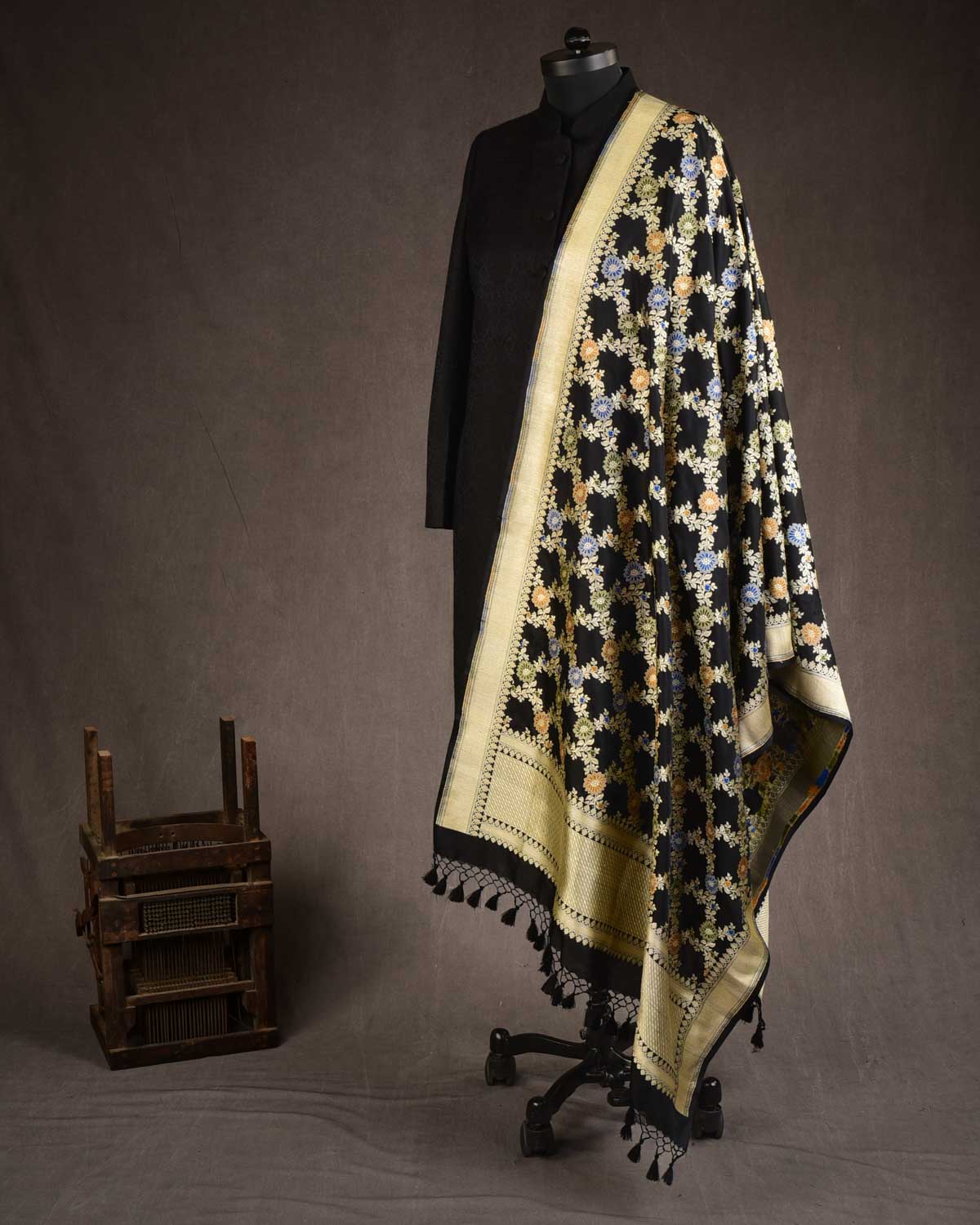 Black Banarasi Gold Zari with Resham Jaal Cutwork Brocade Handwoven Katan Silk Dupatta-HolyWeaves