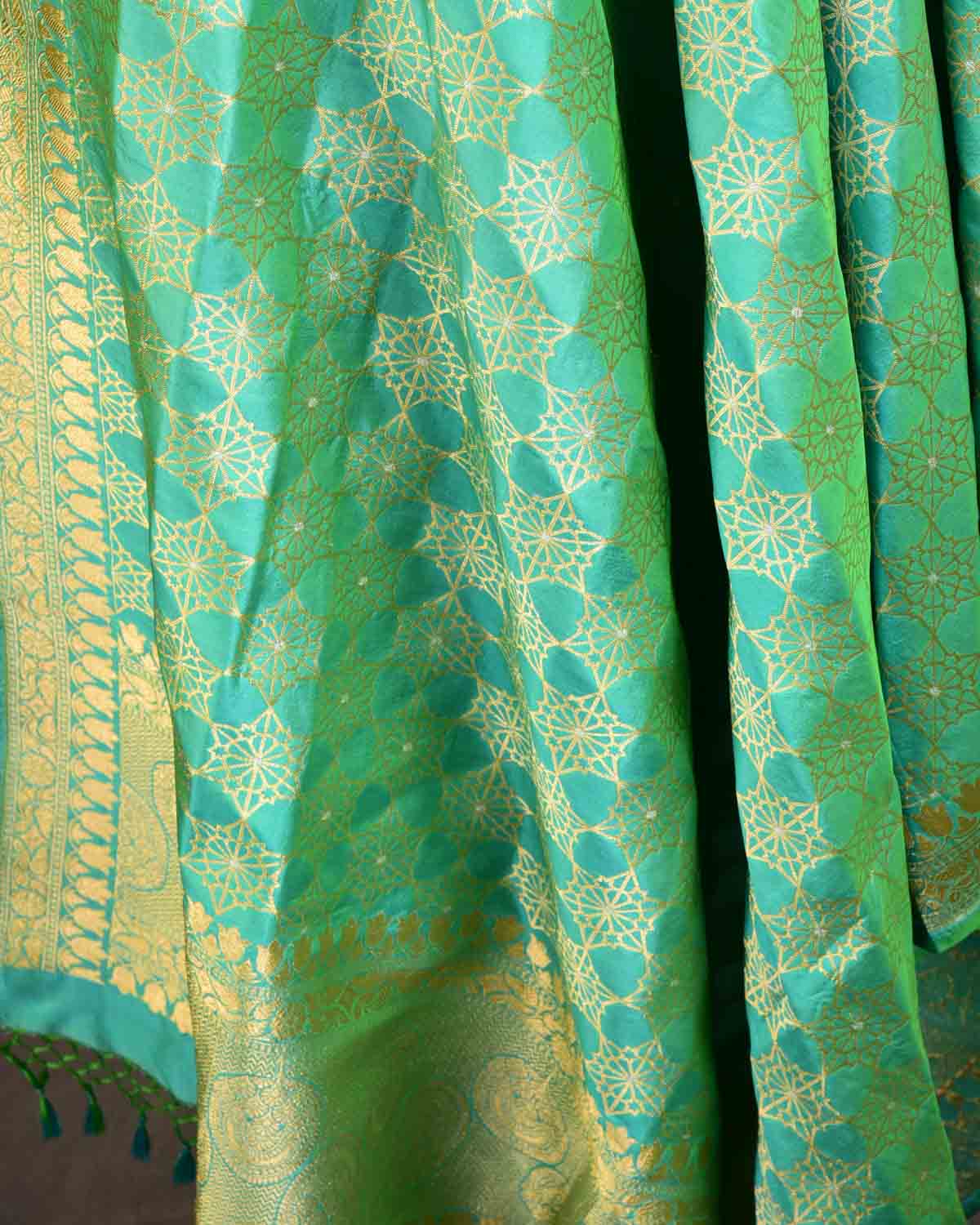 Green Banarasi Alfi Jaal Gold Zari Roopa Meena Cutwork Brocade Handwoven Katan Silk Dupatta-HolyWeaves