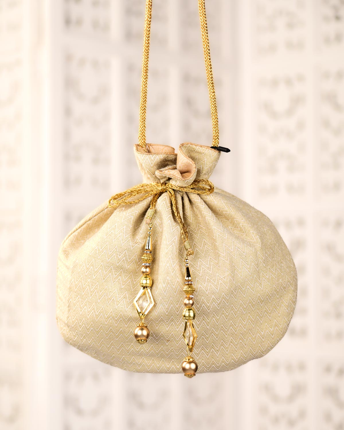 Cream Banarasi Noil Brocade Handwoven Potli 10"x10"-HolyWeaves