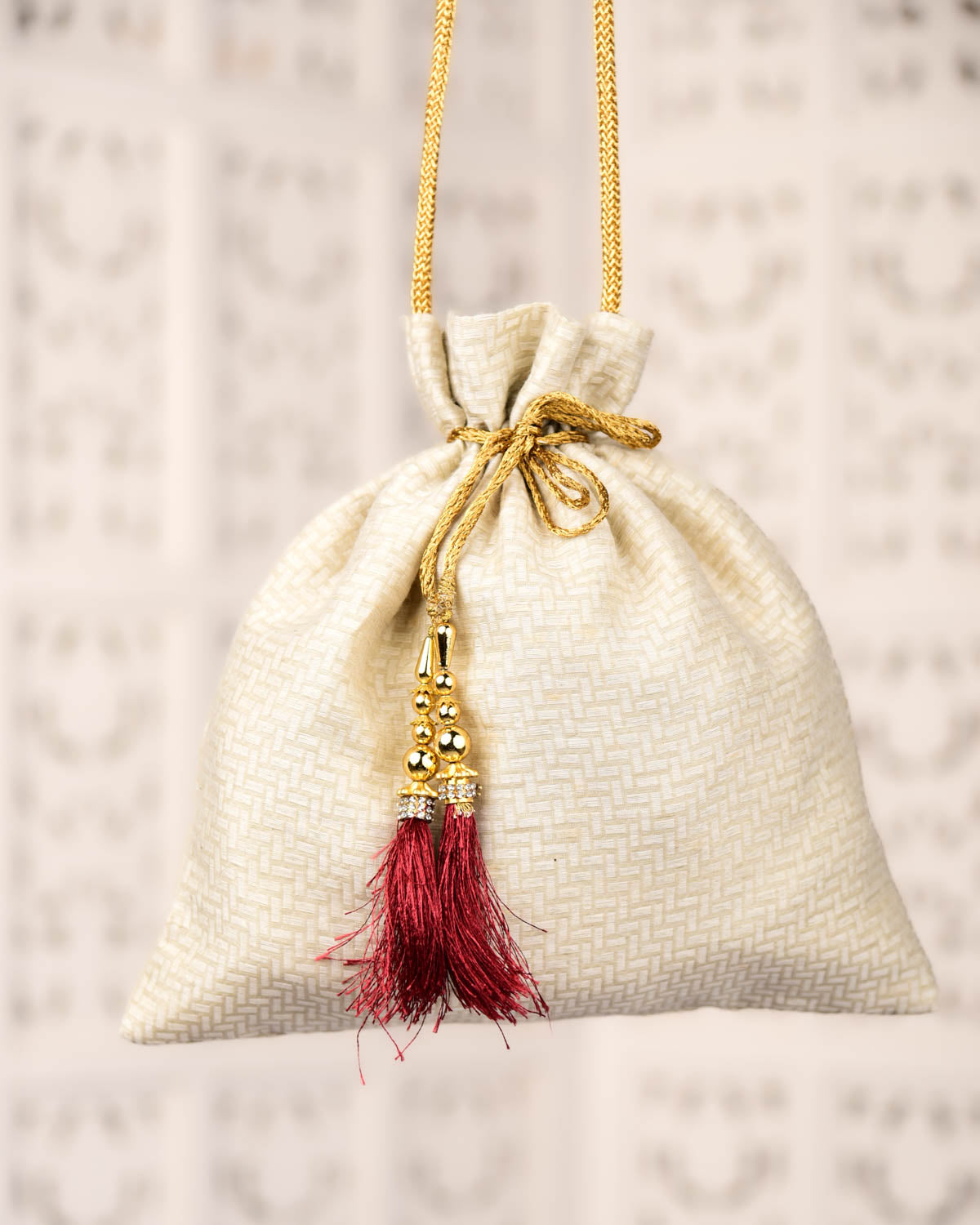 Cream Banarasi Noil Brocade Handwoven Potli 10"x10"-HolyWeaves