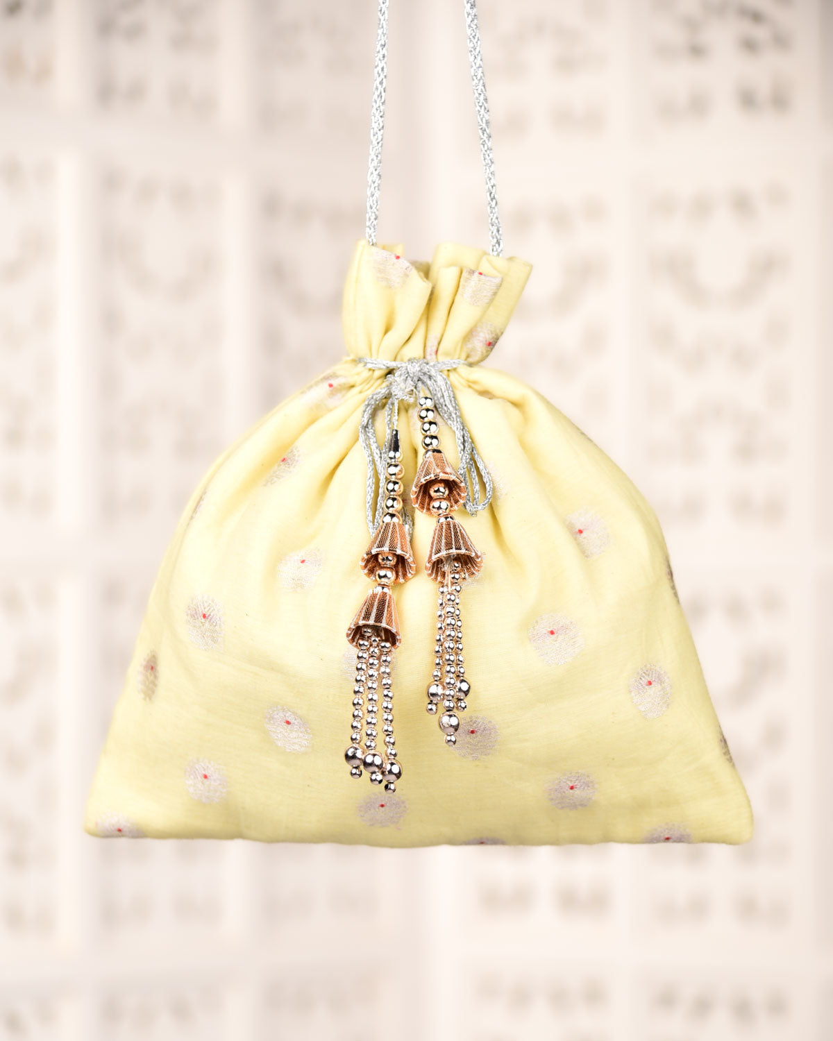 Yellow Banarasi Silver Zari Red Meena Cutwork Brocade Handwoven Cotton Silk Potli 10.5"x10"-HolyWeaves