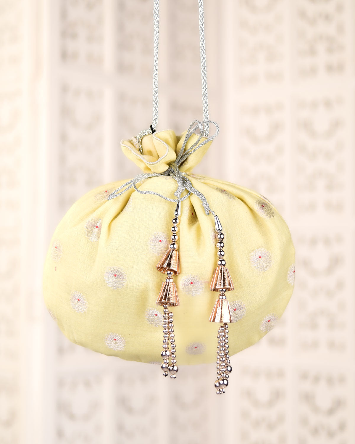 Yellow Banarasi Silver Zari Red Meena Cutwork Brocade Handwoven Cotton Silk Potli 10"x10"-HolyWeaves