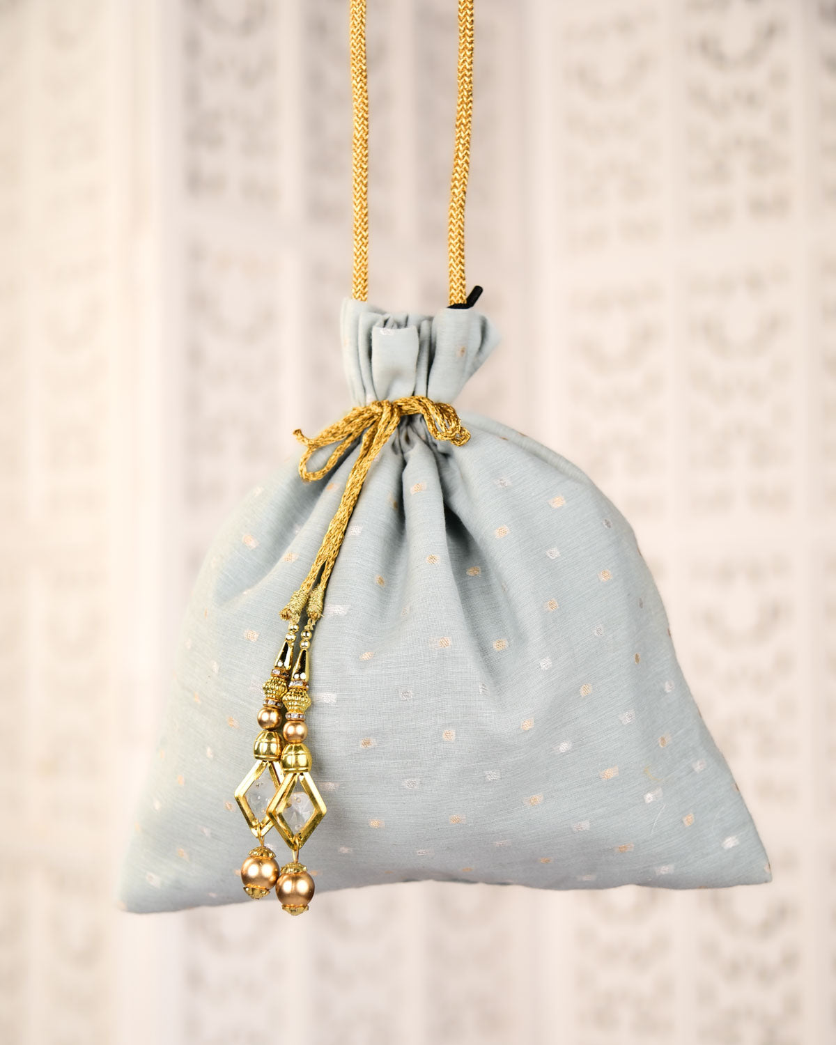 Gray Banarasi Sona Rupa Chunari Buti Cutwork Brocade Handwoven Cotton Silk Potli 10.5"x10"-HolyWeaves