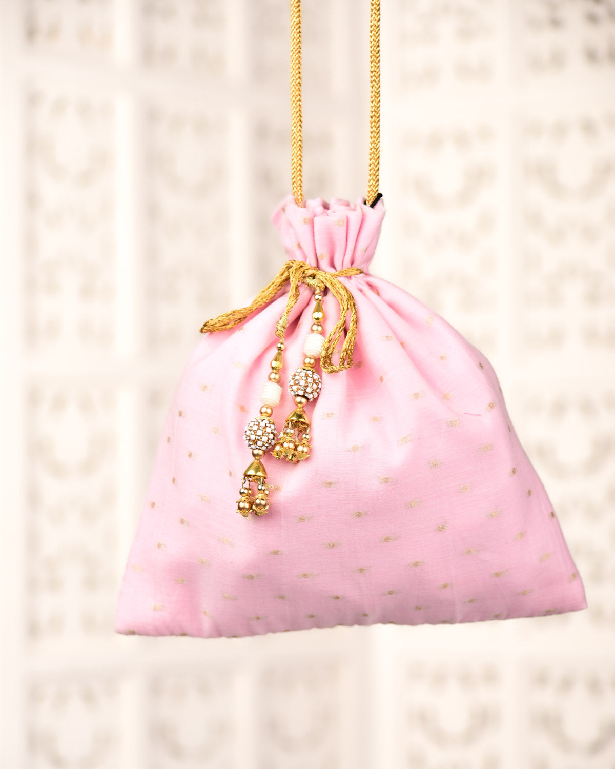 Pink Banarasi Gold Zari Cutwork Brocade Handwoven Cotton Silk Potli 10.5"x10"-HolyWeaves