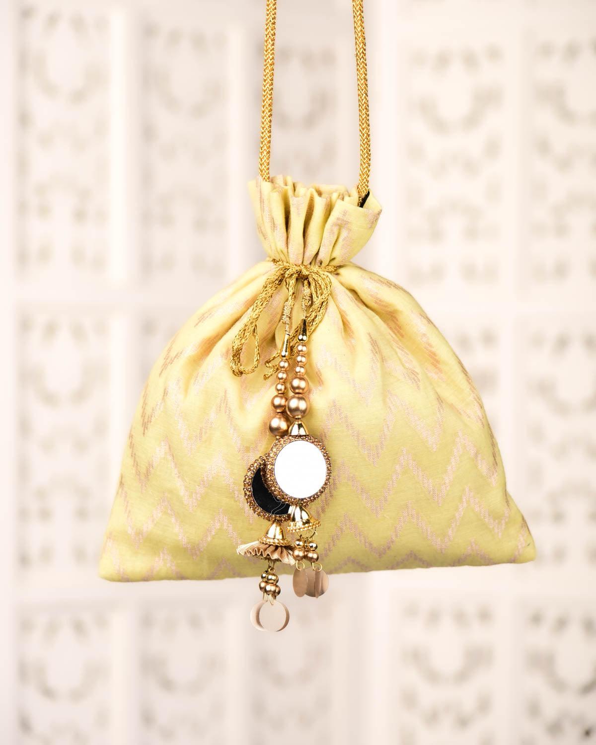 Yellow Banarasi Gold Zari Cutwork Brocade Handwoven Cotton Silk Potli 10.5"x10"-HolyWeaves