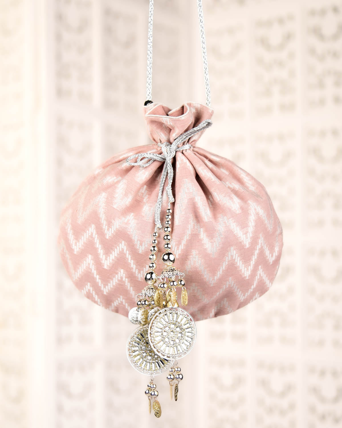 Rosy Brown Banarasi Silver Zari Cutwork Brocade Handwoven Cotton Silk Potli 10"x10"-HolyWeaves