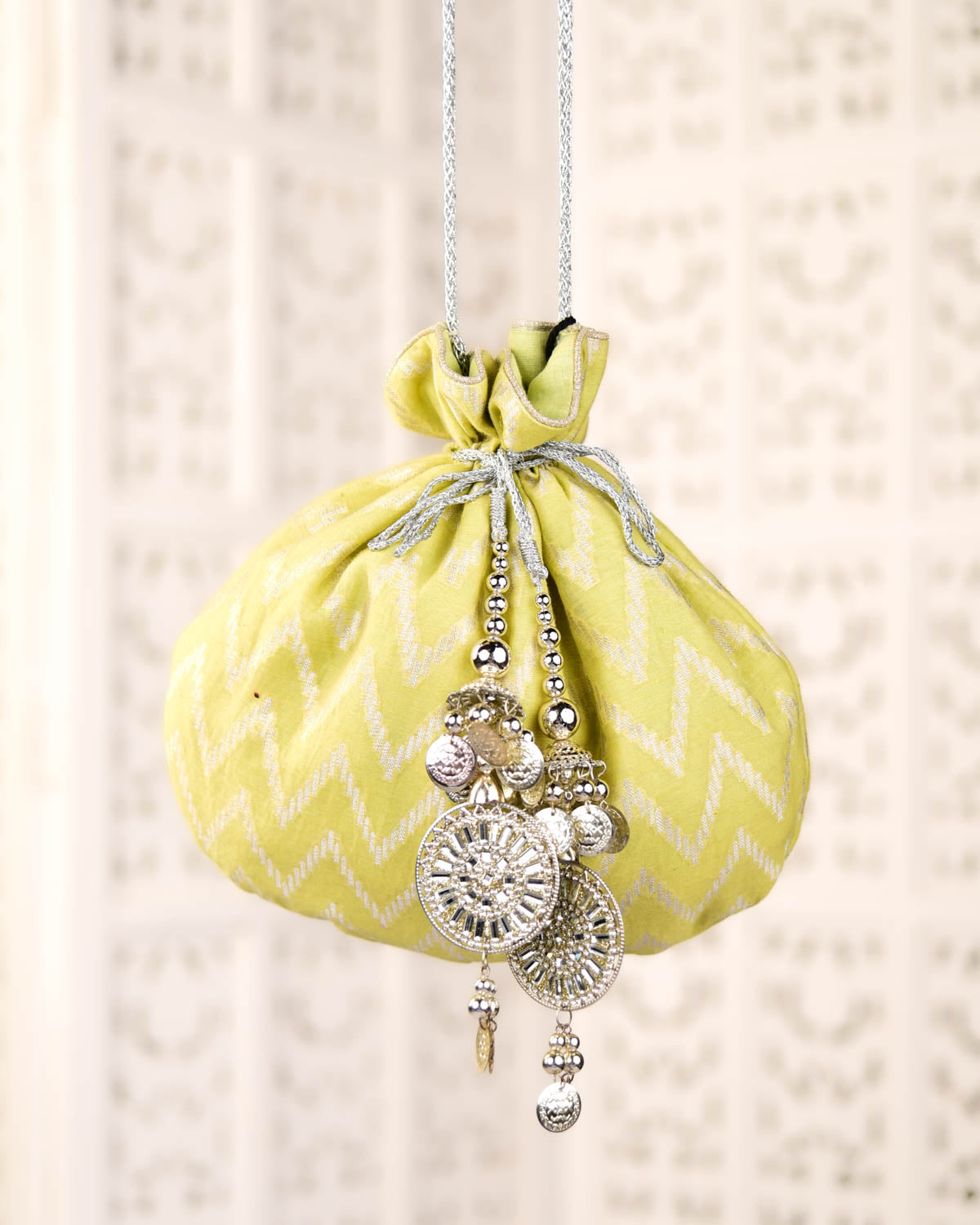 Green Banarasi Silver Zari Cutwork Brocade Handwoven Cotton Silk Potli 10"x10"-HolyWeaves