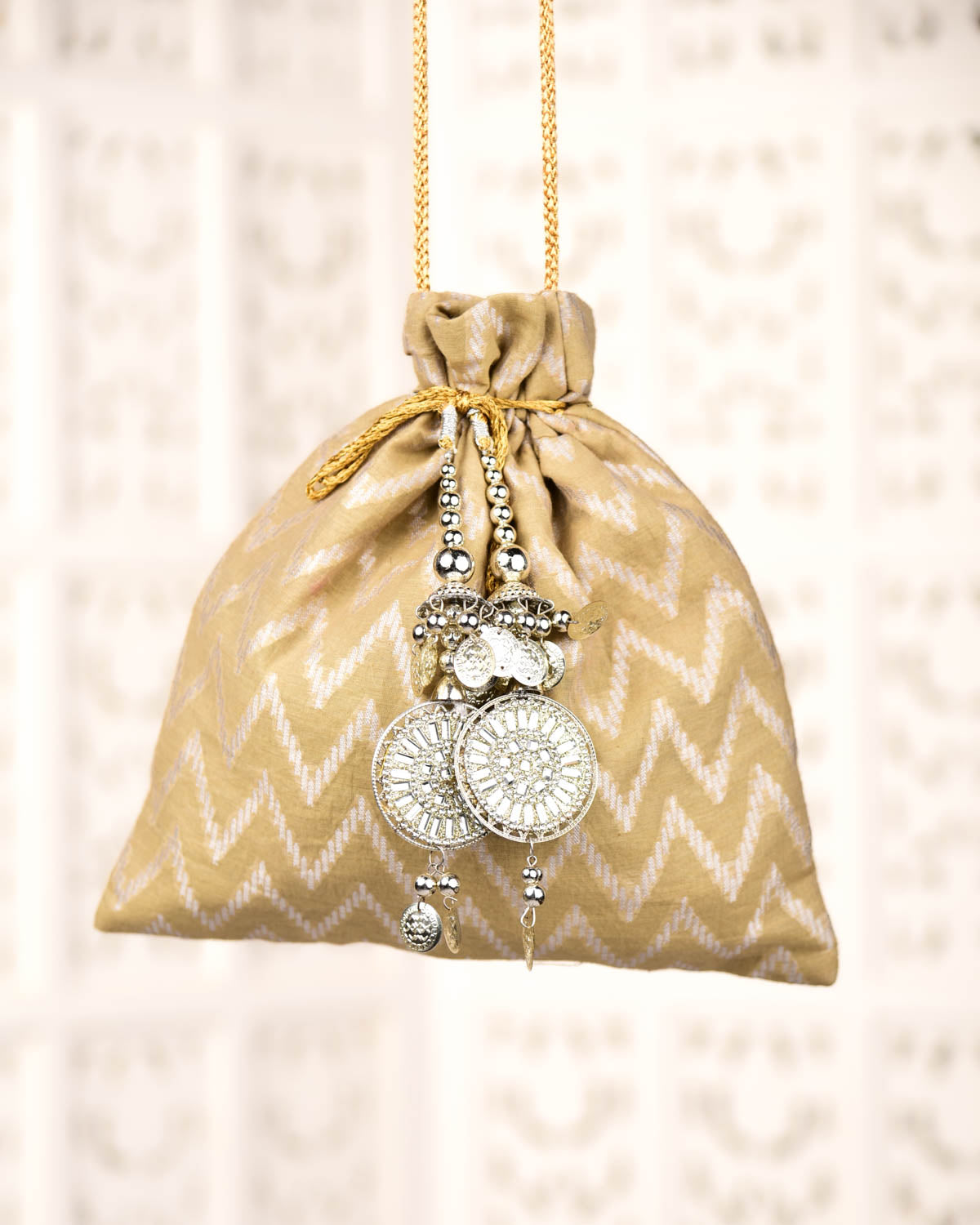 Olive Green Banarasi Silver Zari Cutwork Brocade Handwoven Cotton Silk Potli 10.5"x10"-HolyWeaves