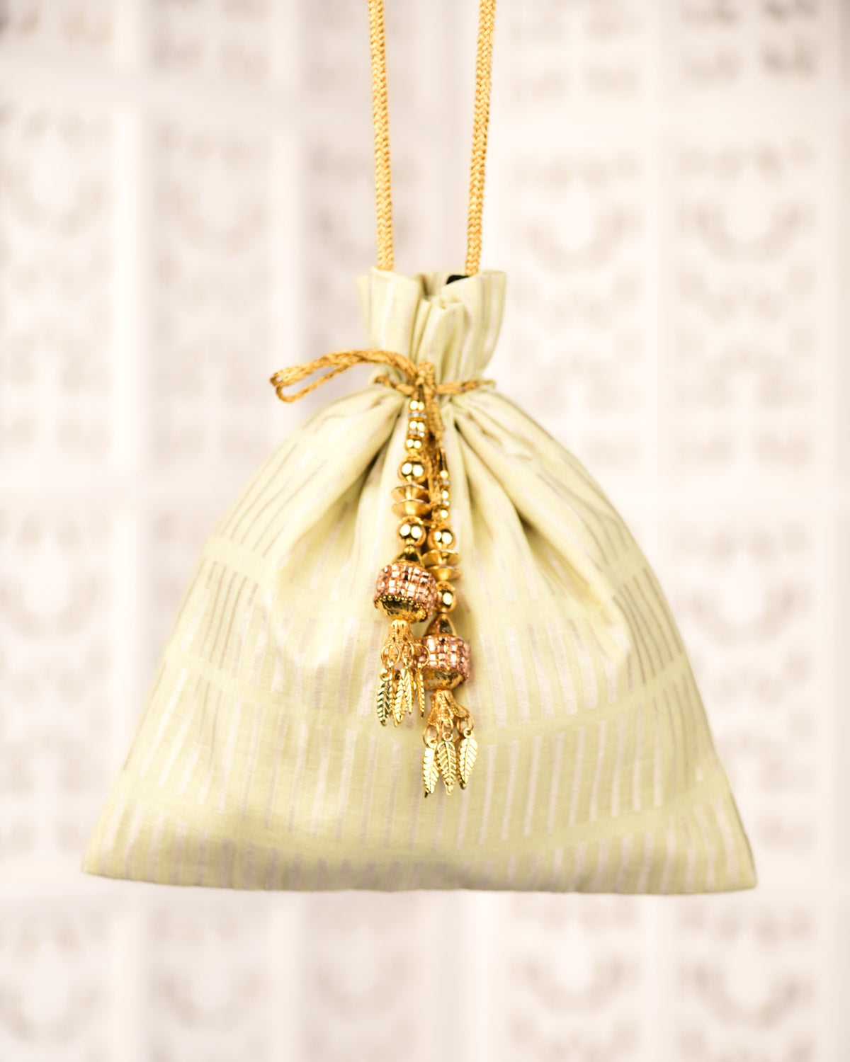 Green Banarasi Silver Zari Cutwork Brocade Handwoven Cotton Silk Potli 10.5"x10"-HolyWeaves