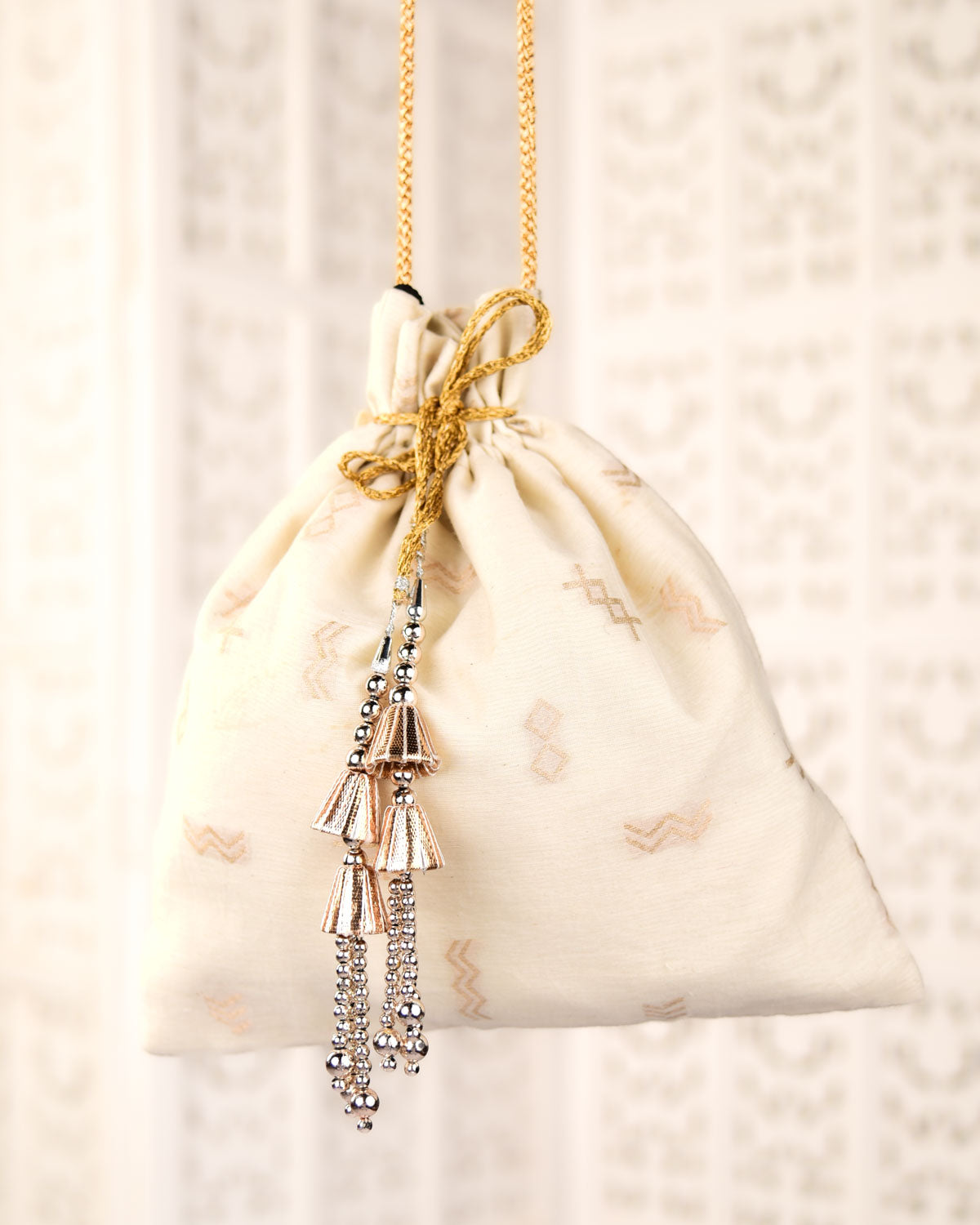 Cream Banarasi Gold Zari Cutwork Brocade Handwoven Cotton Silk Potli 10.5"x10"-HolyWeaves