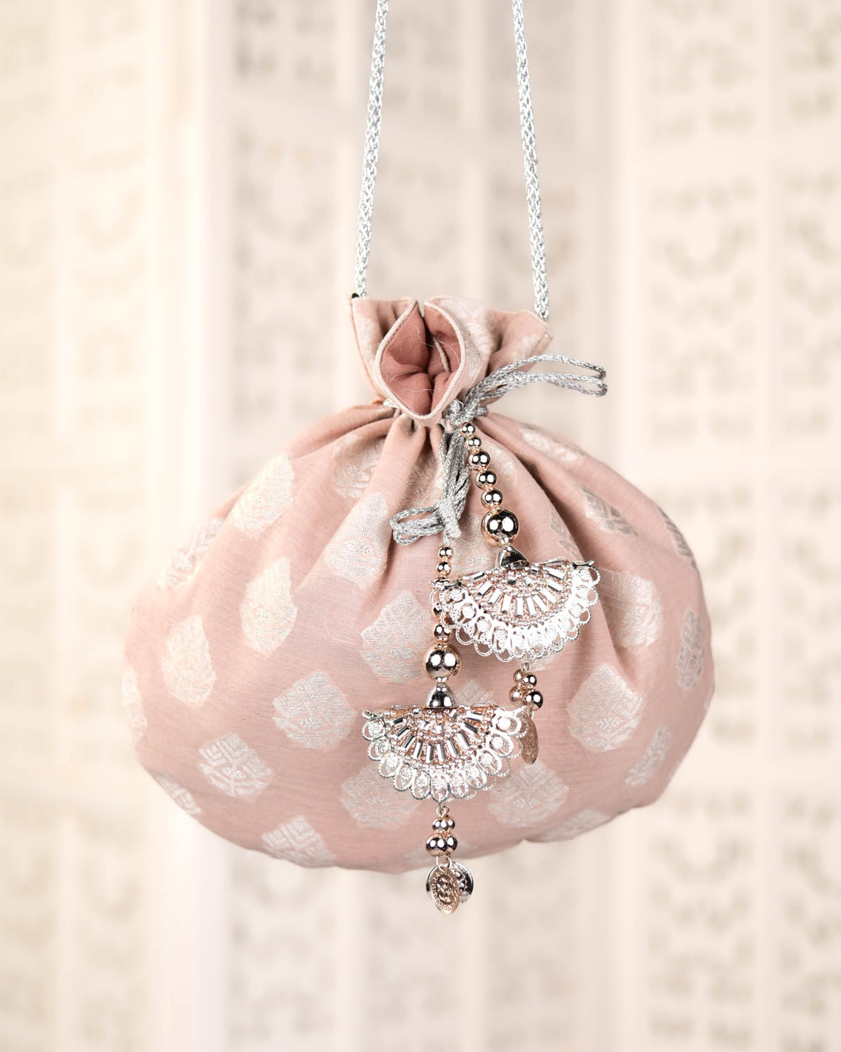 Rosy Brown Banarasi Silver Zari Cutwork Brocade Handwoven Cotton Silk Potli 10"x10"-HolyWeaves