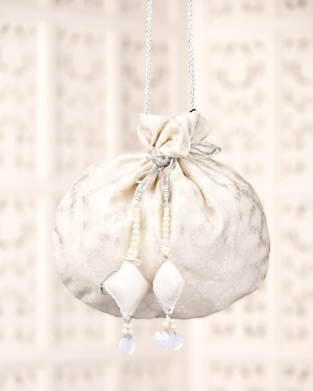 Cream Banarasi Silver Zari Cutwork Brocade Handwoven Cotton Silk Potli 10"x10"-HolyWeaves